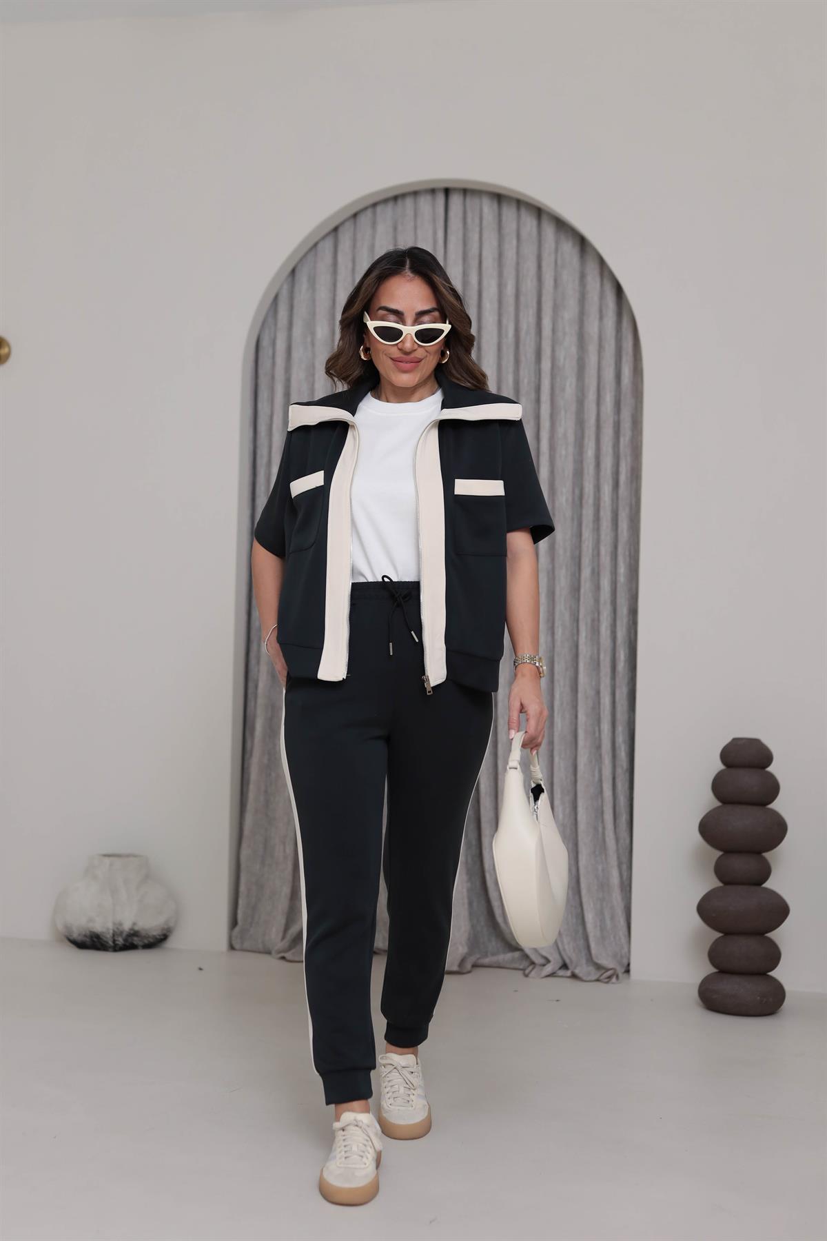 5712 Kısa Kol Fermuarlı Kontrastlı Modal Takım SİYAH-EKRU