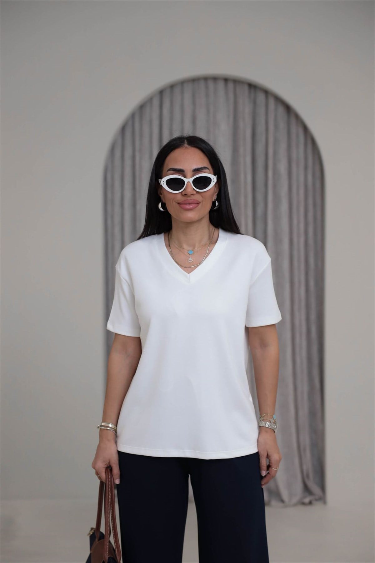 T927 V Yaka Modal Kumaş Tshirt EKRU