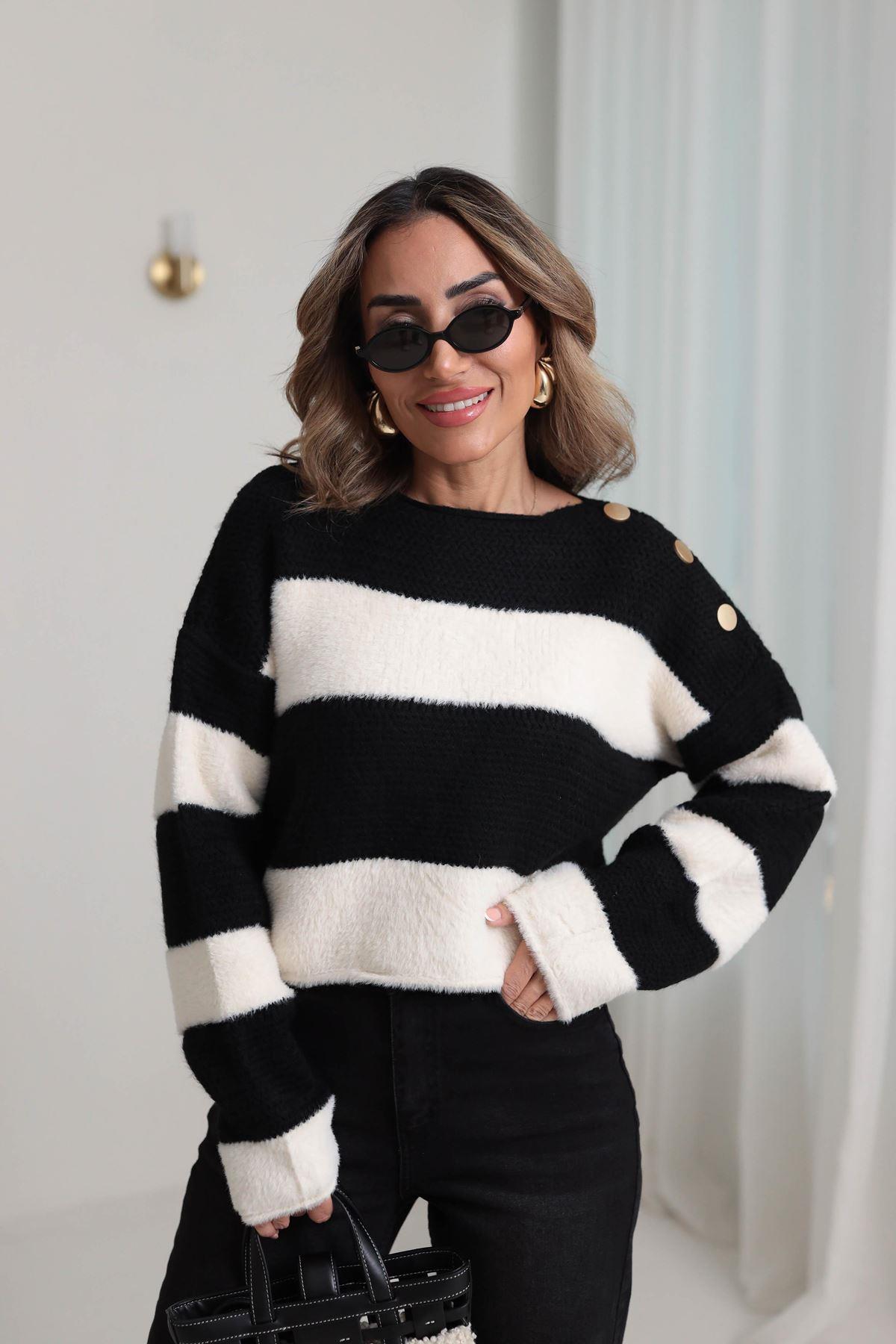 7589 Ters Örgülü Gold Düğme Detaylı Triko SİYAH