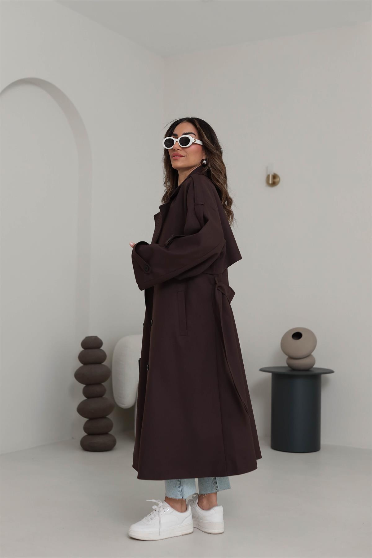 9476 Kol ve Omuz Apoletli Premium Trench ACI KAHVE