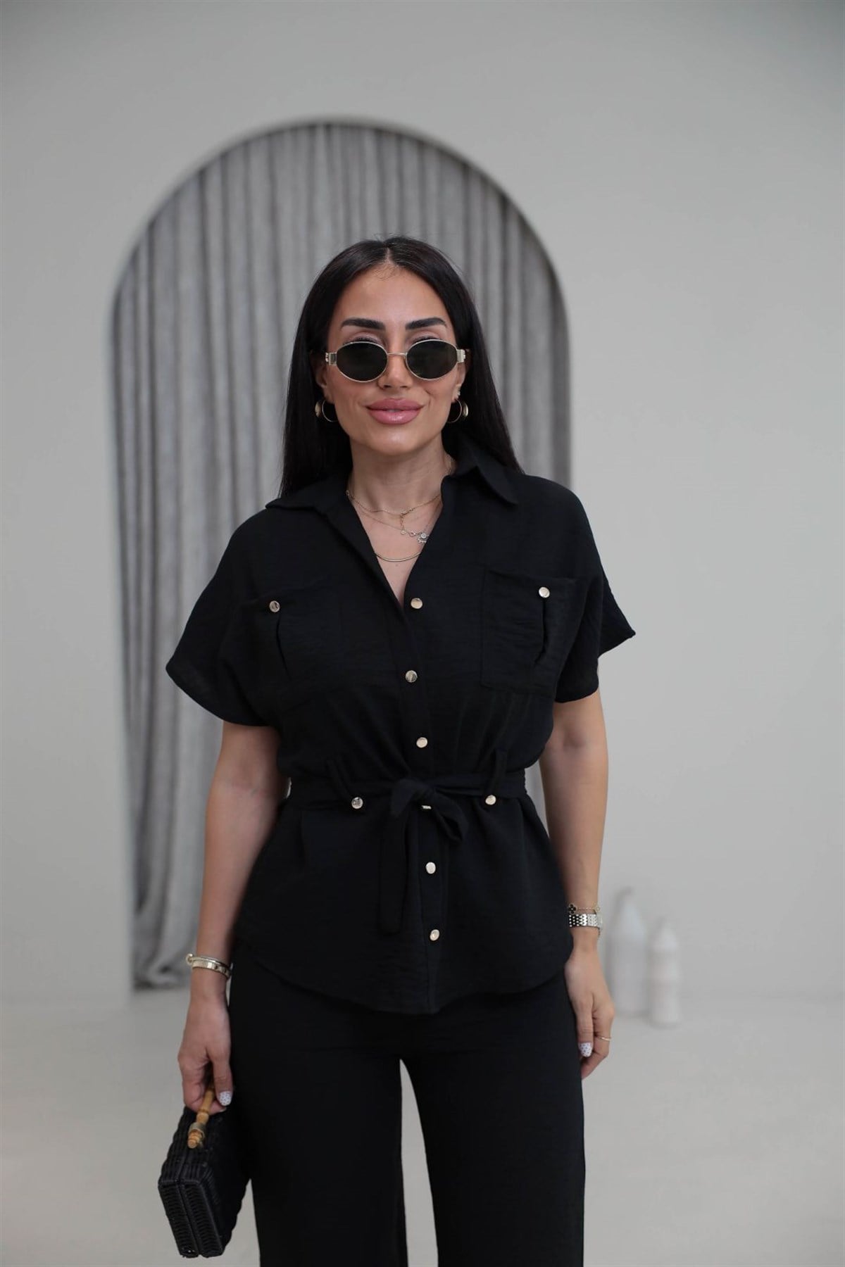 7122 Kuşaklı Gold Düğmeli Keten Takım SİYAH