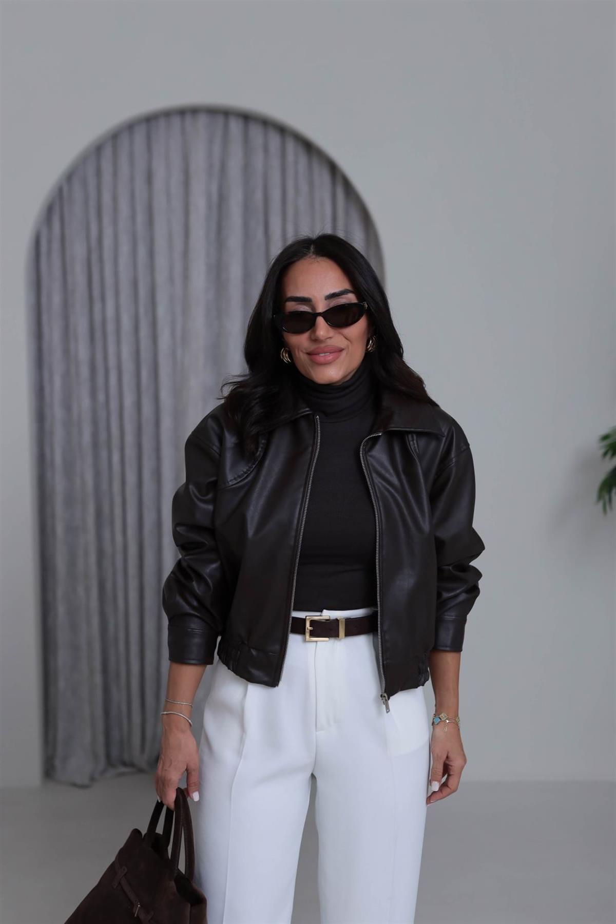 3128 Bel Lastikliı Suni Deri Bomber Ceket ACI KAHVE