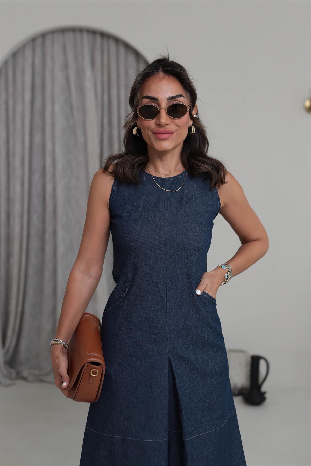 9901 Sıfır Kol Dikiş Detay Likralı Elbise LACİVERT