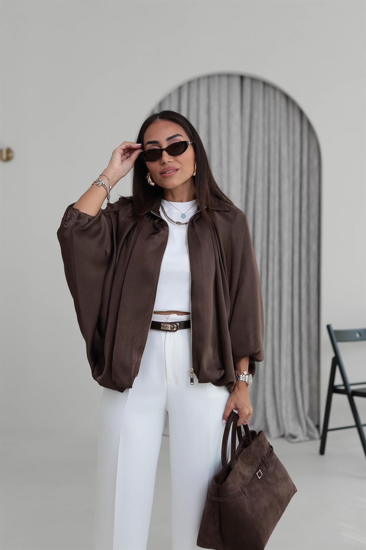 9584 Kendinden Desenli Saten Bomber Ceket KAHVE