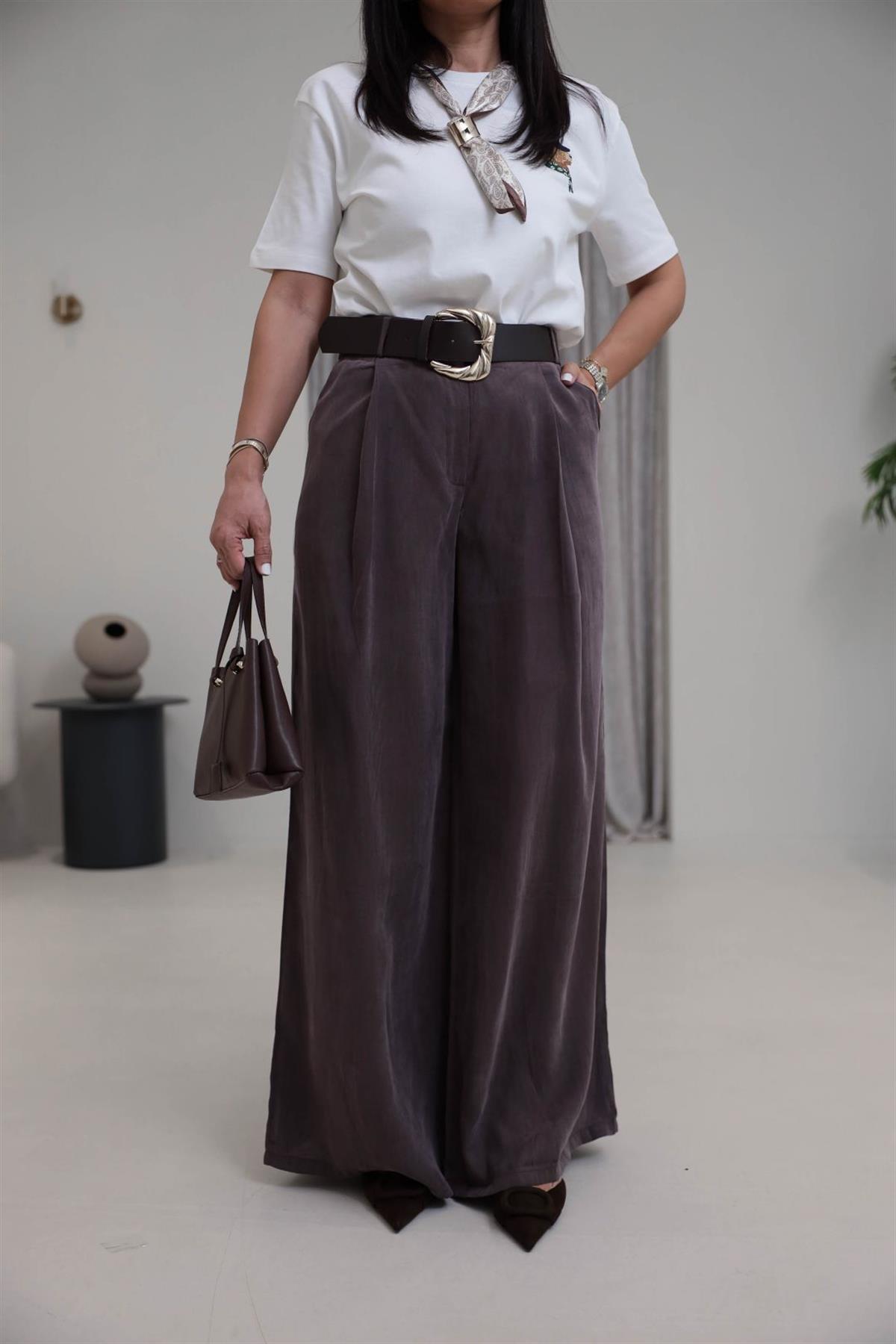 0741 Kemerli Salaş Tencel Pantolon KAHVE