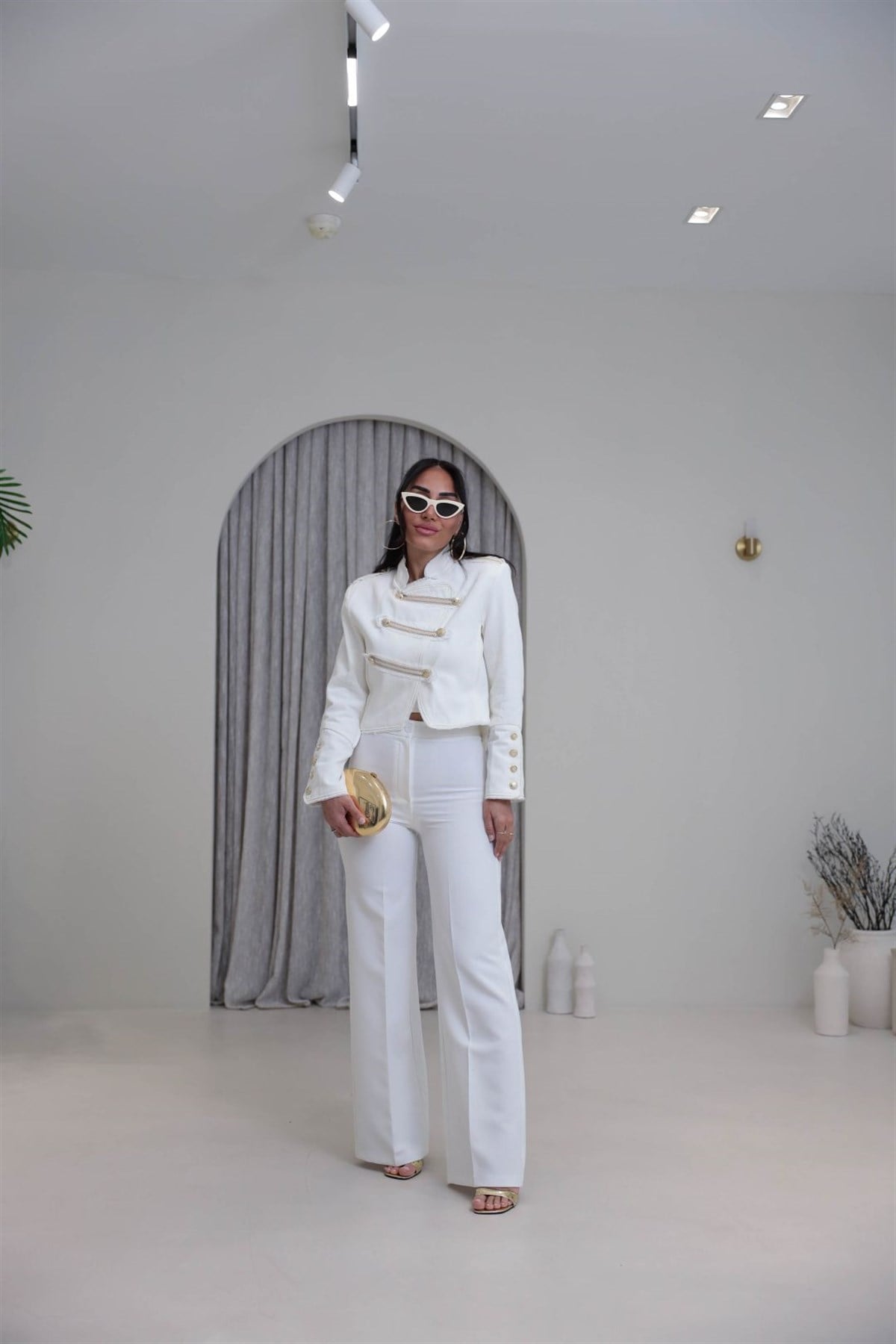 5156 Bel Pensli Rahat Kalıp Kumaş Pantolon BEYAZ