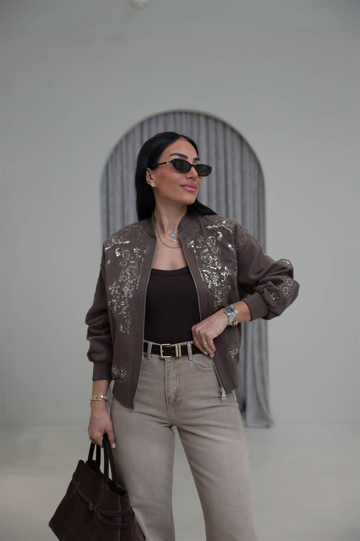 9928 Pul ve Boncuk İşlemeli Bomber Ceket KAHVE