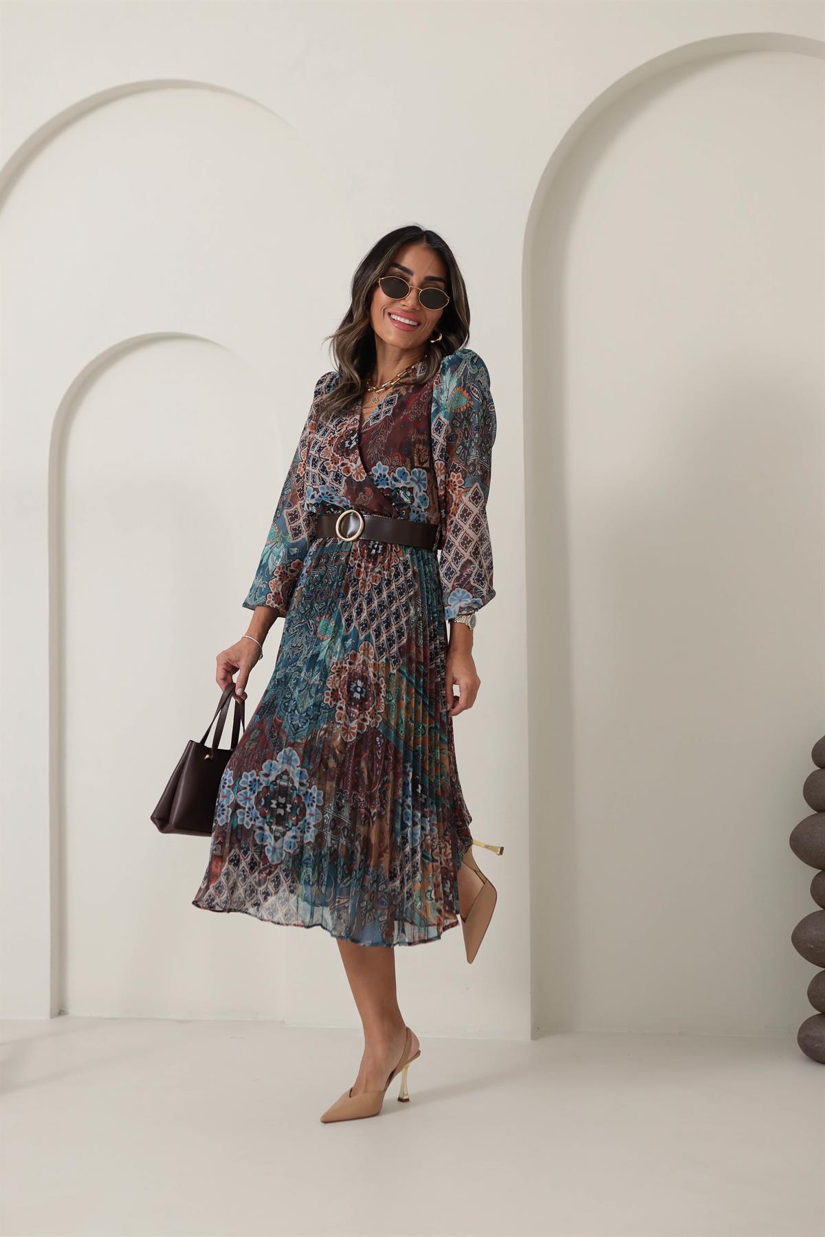 3286 Kruvaze Yaka Piliseli Kemerli Elbise DESENLİ