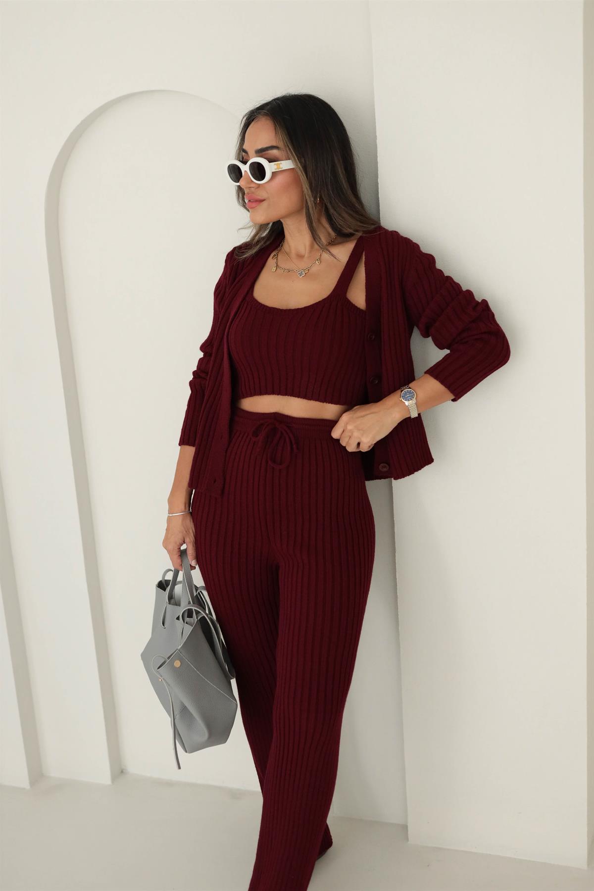 5190 Fitilli Üçlü Triko Takım BORDO