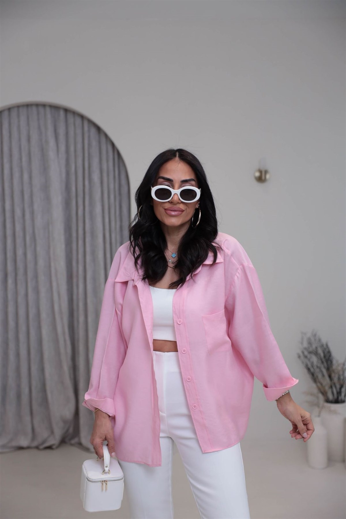 4612Y Tencel Omzu Düşük Oversize Gömlek ŞEKER PEMBE