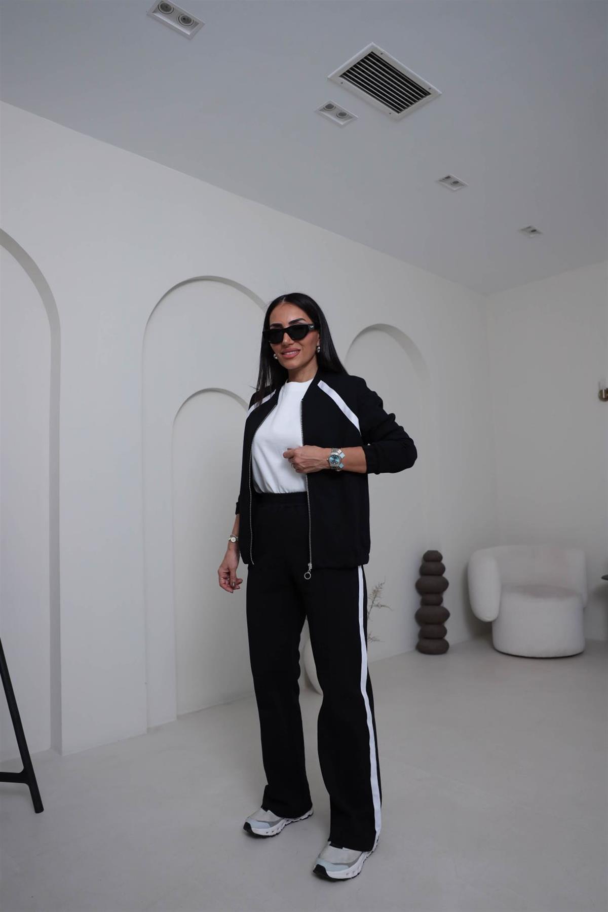 2031 Şerit Detay Fermuarlı Pike Kumaş Takım SİYAH