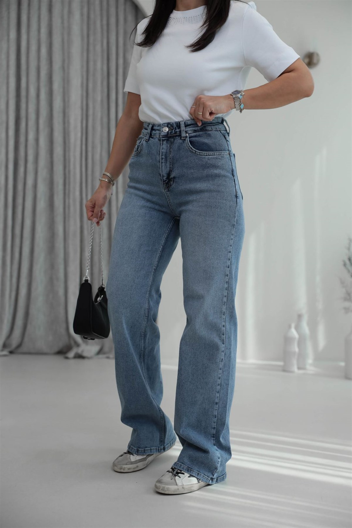 1071 Yüksek Bel Dökümlü Palazzo Jean TİNTLİ MAVİ