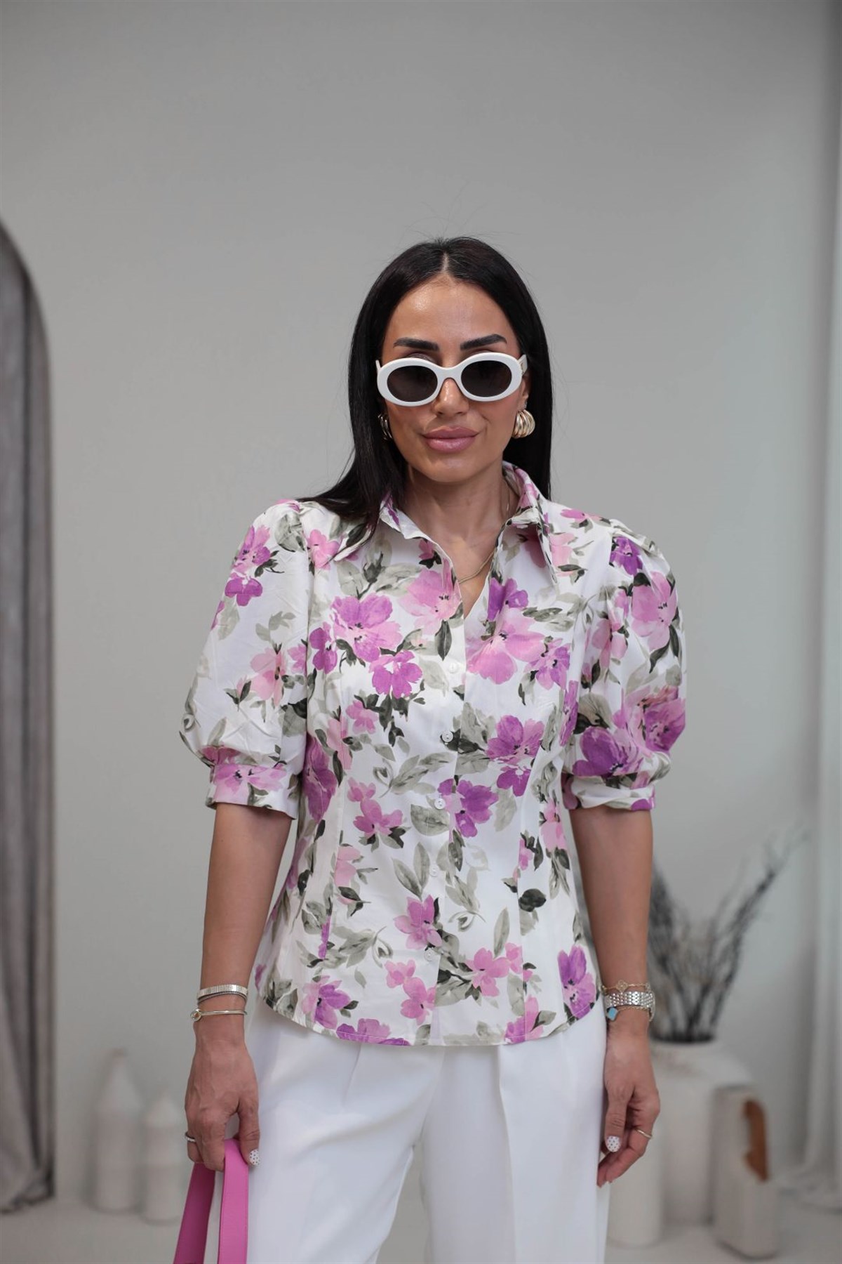 3294 Çiçek Desenli Kısa Kol Gömlek LİLA