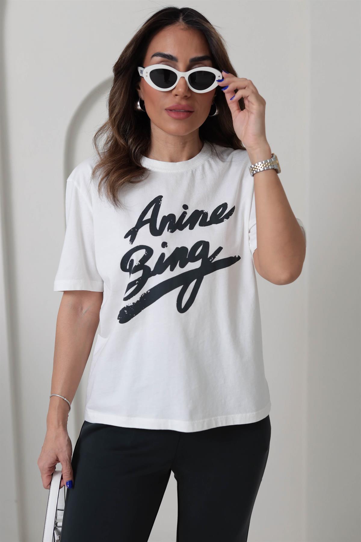 1008 Yazı Detaylı Pamuklu Tshirt EKRU