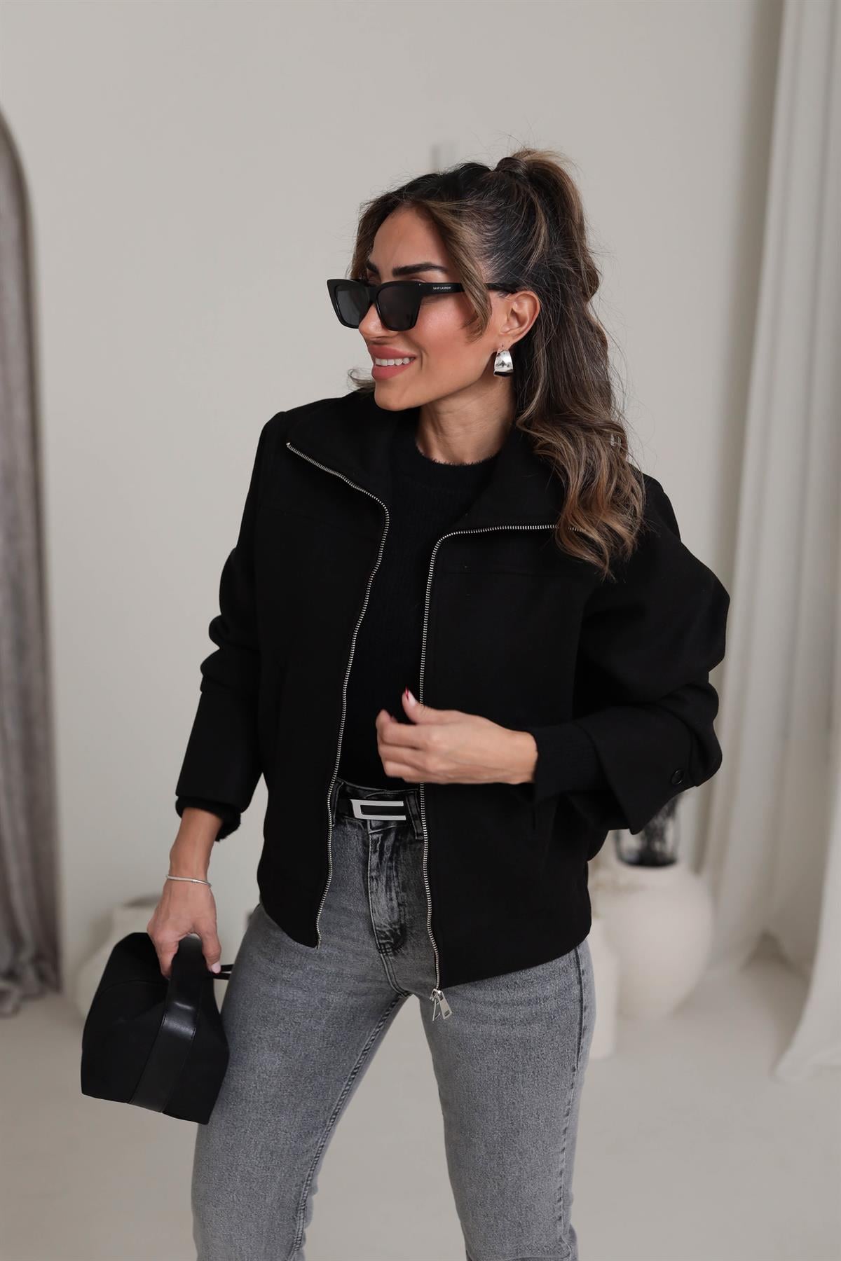 9567 Fermuarlı Kaşe Mont SİYAH