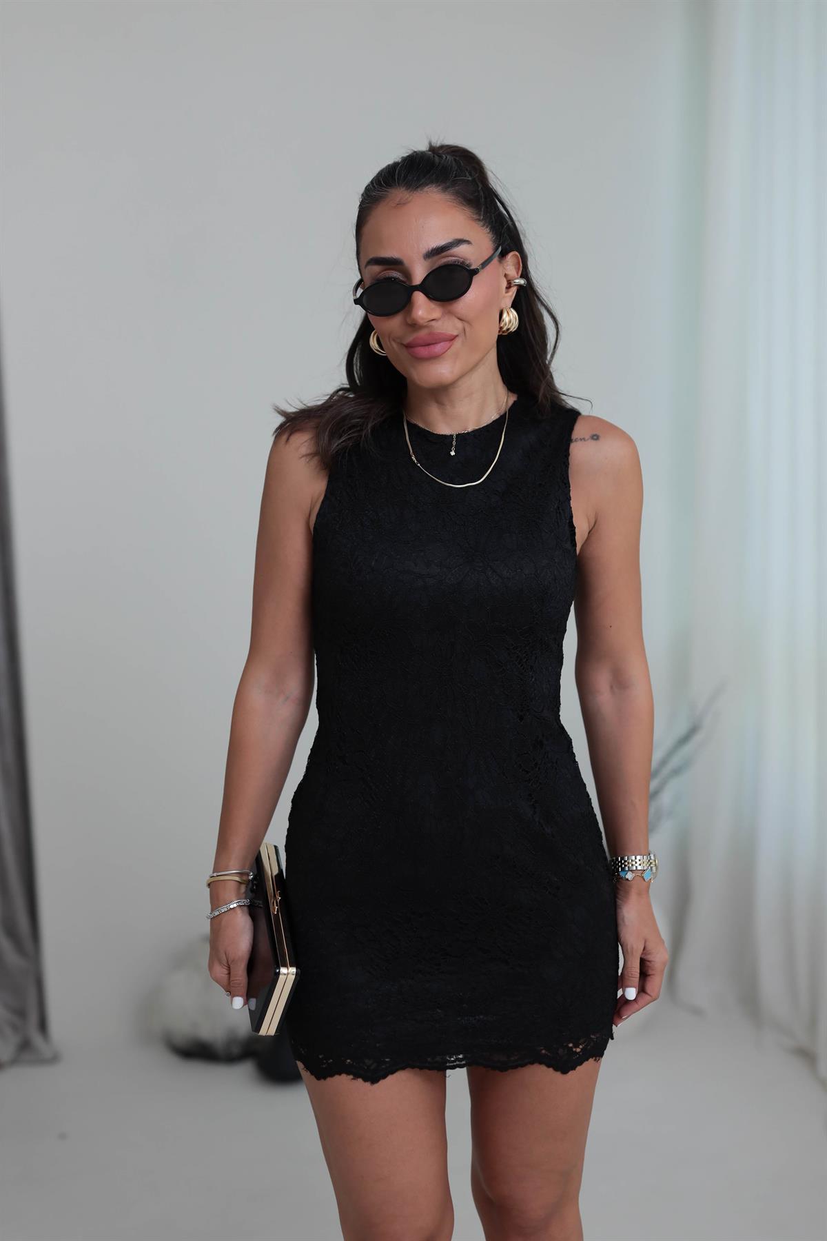 3100 Dantel İşlemeli Astarlı Elbise SİYAH