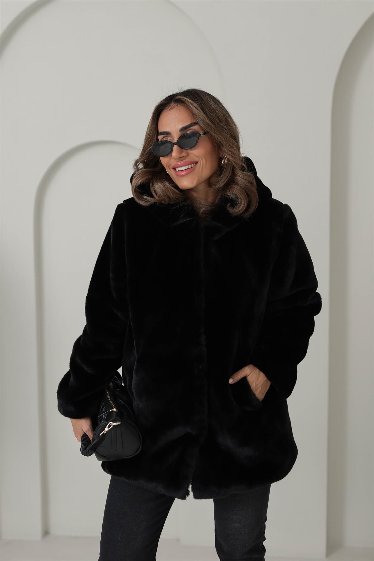 1139 Kapşonlu Kalın Kürk SİYAH