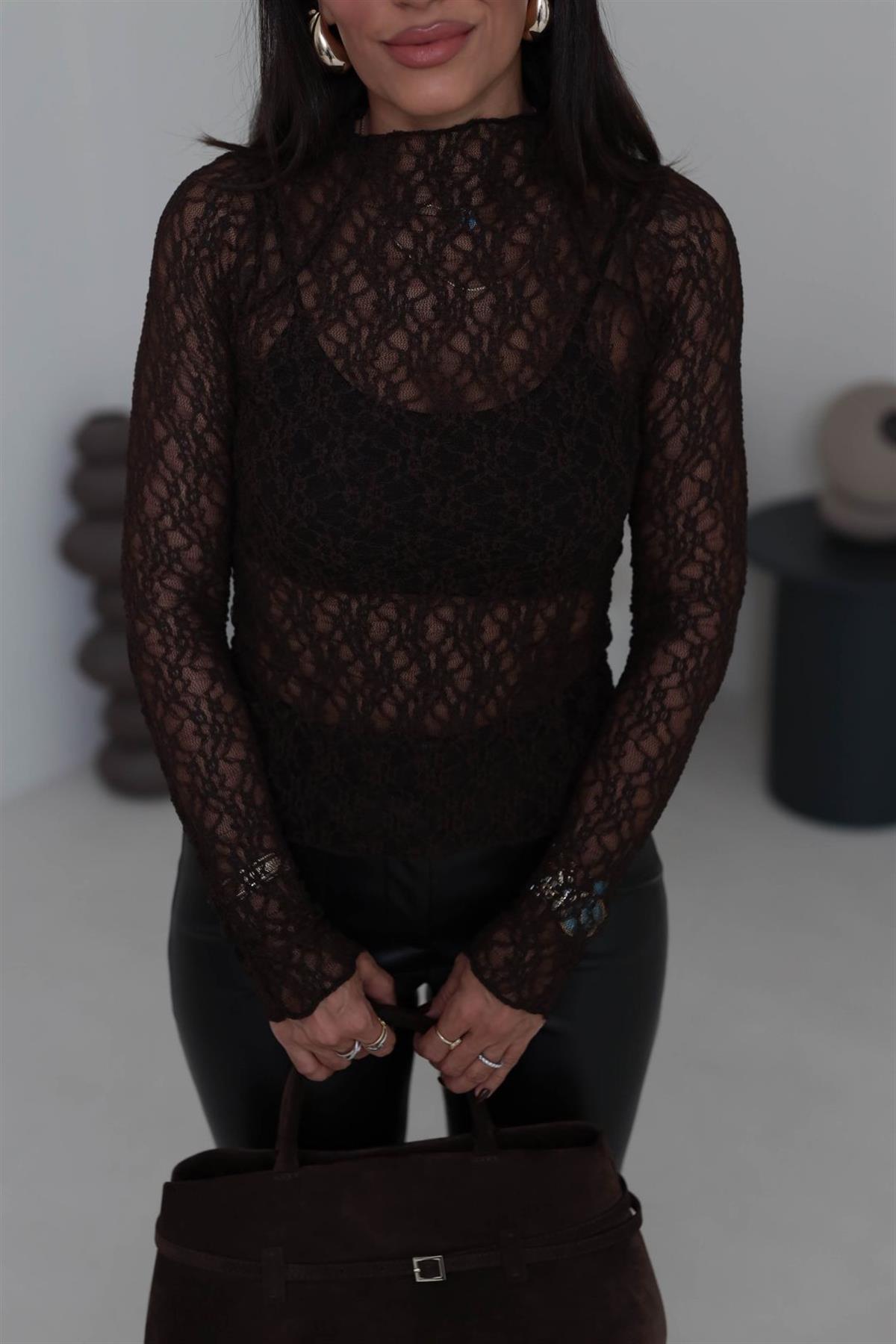 1013 Uzun Kollu Dantel Bluz ACI KAHVE