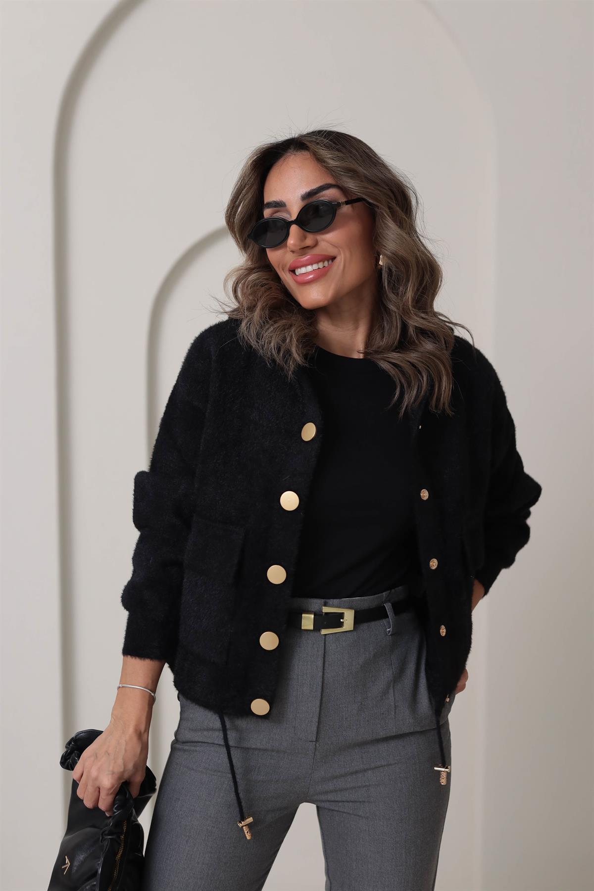 4944 Angora Kapşonlu Gold Düğmeli Hırka SİYAH