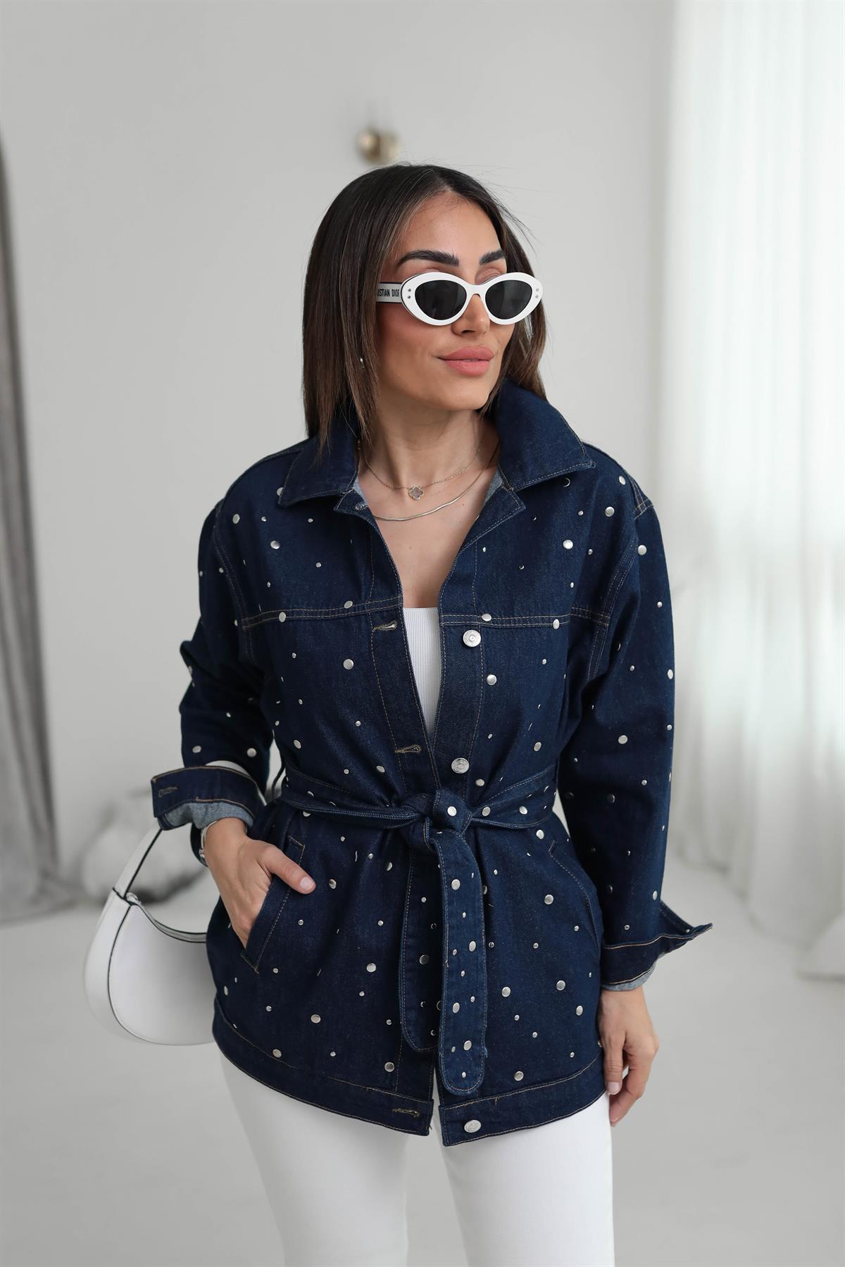 5808 Bel Kuşaklı Droplu Jean Ceket KOYU LACİ