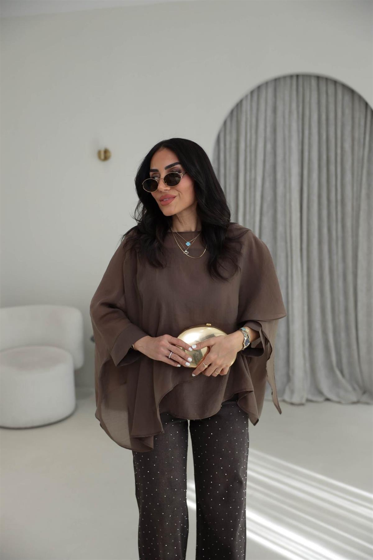 5026 Uçuşan Pelerin Bluz KAHVE