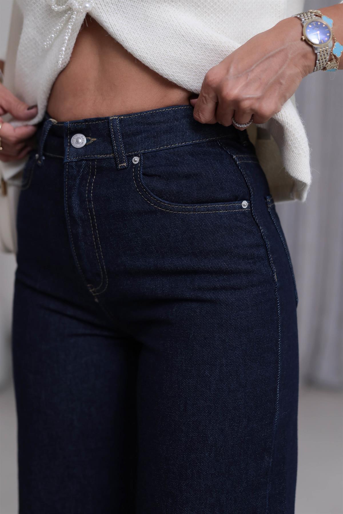 1706 Yüksek Bel Rins Yıkama Geniş Pantolon LACİVERT