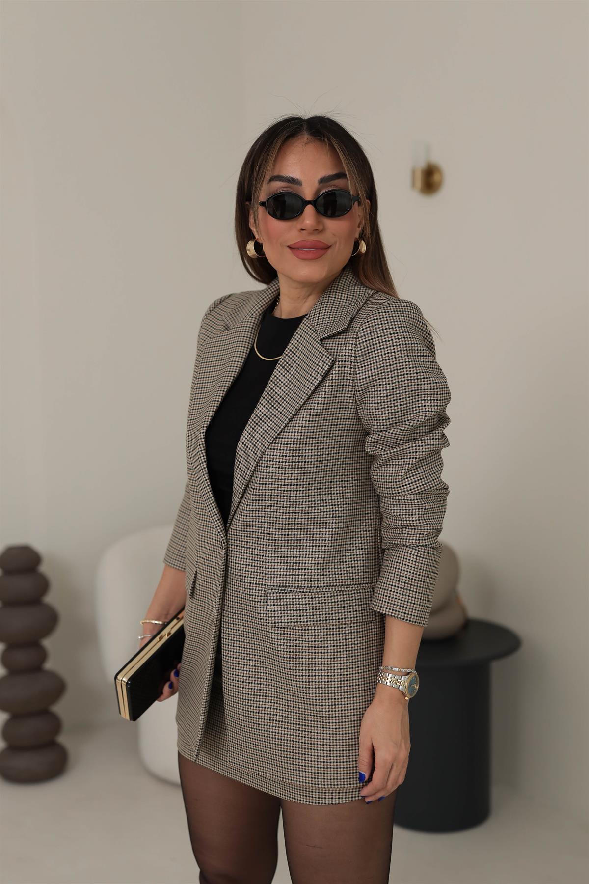 Kazayağı Desenli Blazer Ceket BEJ-KAHVE