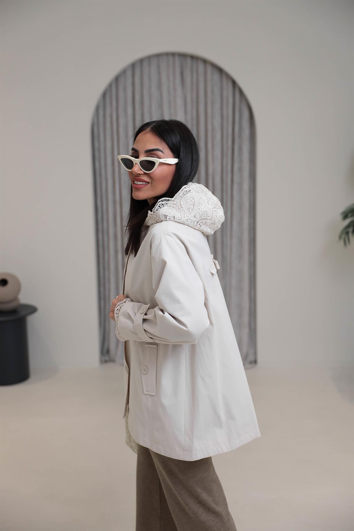 9719 Güpür Detay Teknik Kumaş Trençkot TAŞ