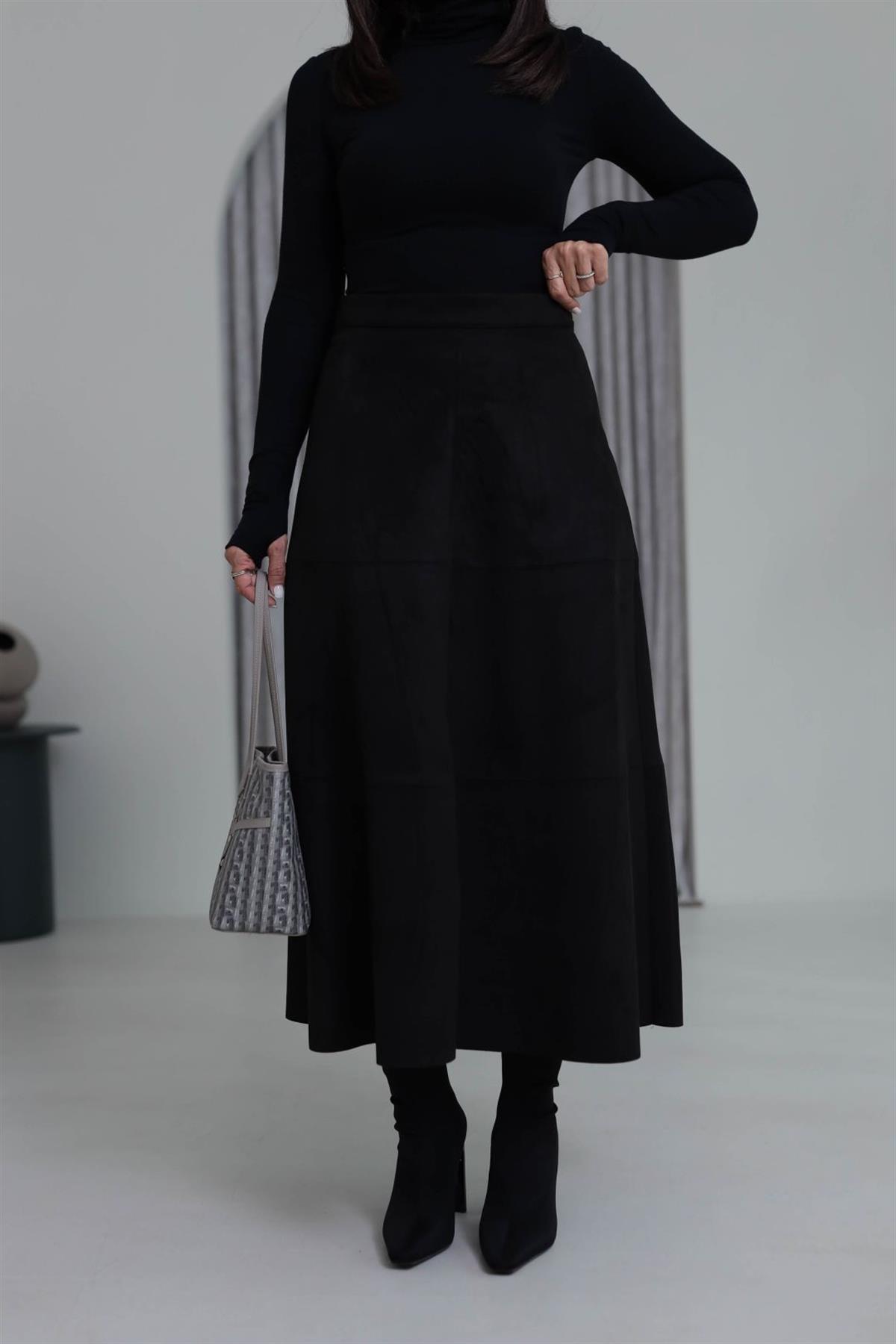 7547 Midi Boy Yüksek Bel Süet Etek SİYAH
