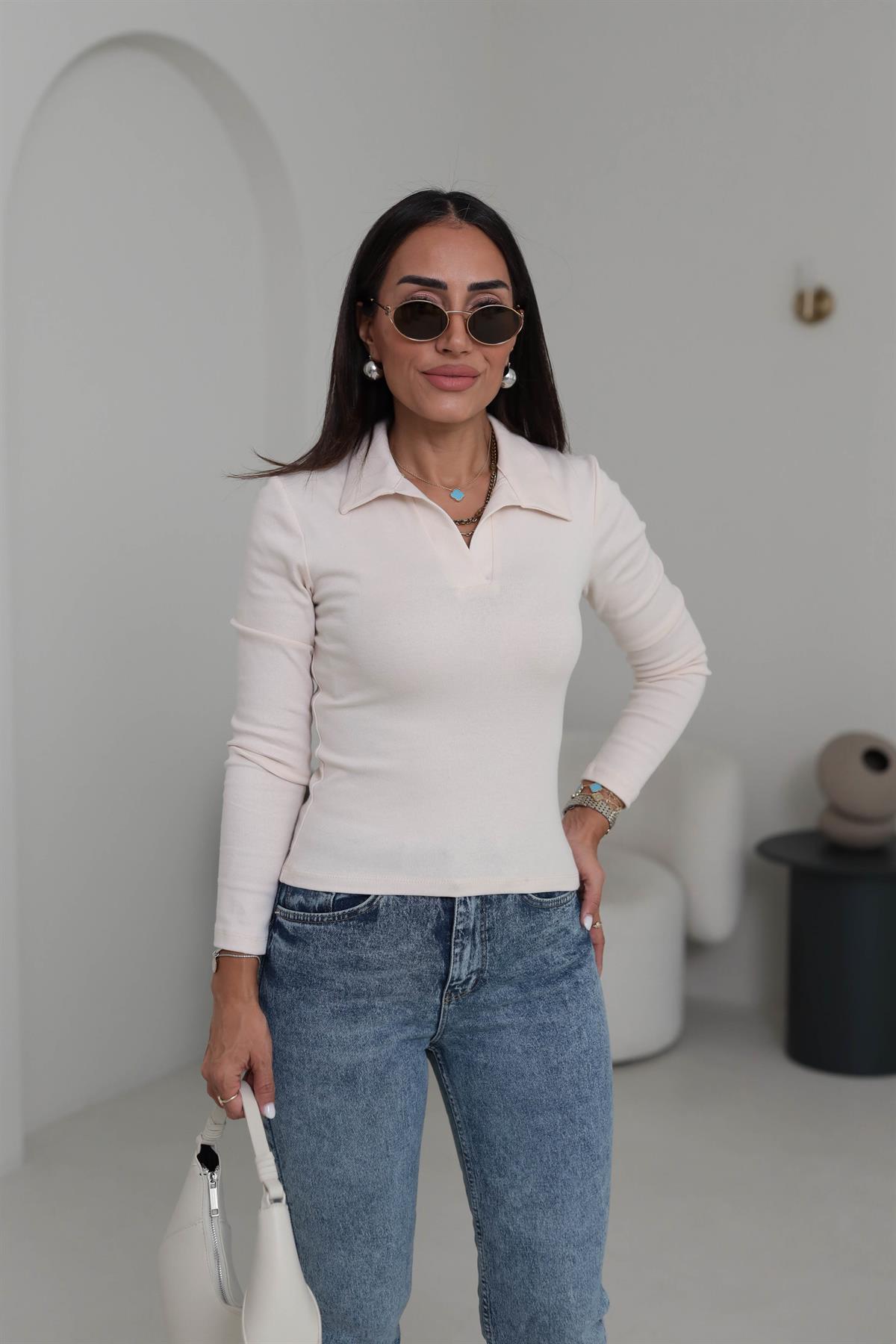 0626 Polo Yaka Uzun Kol Likralı Bluz BEJ