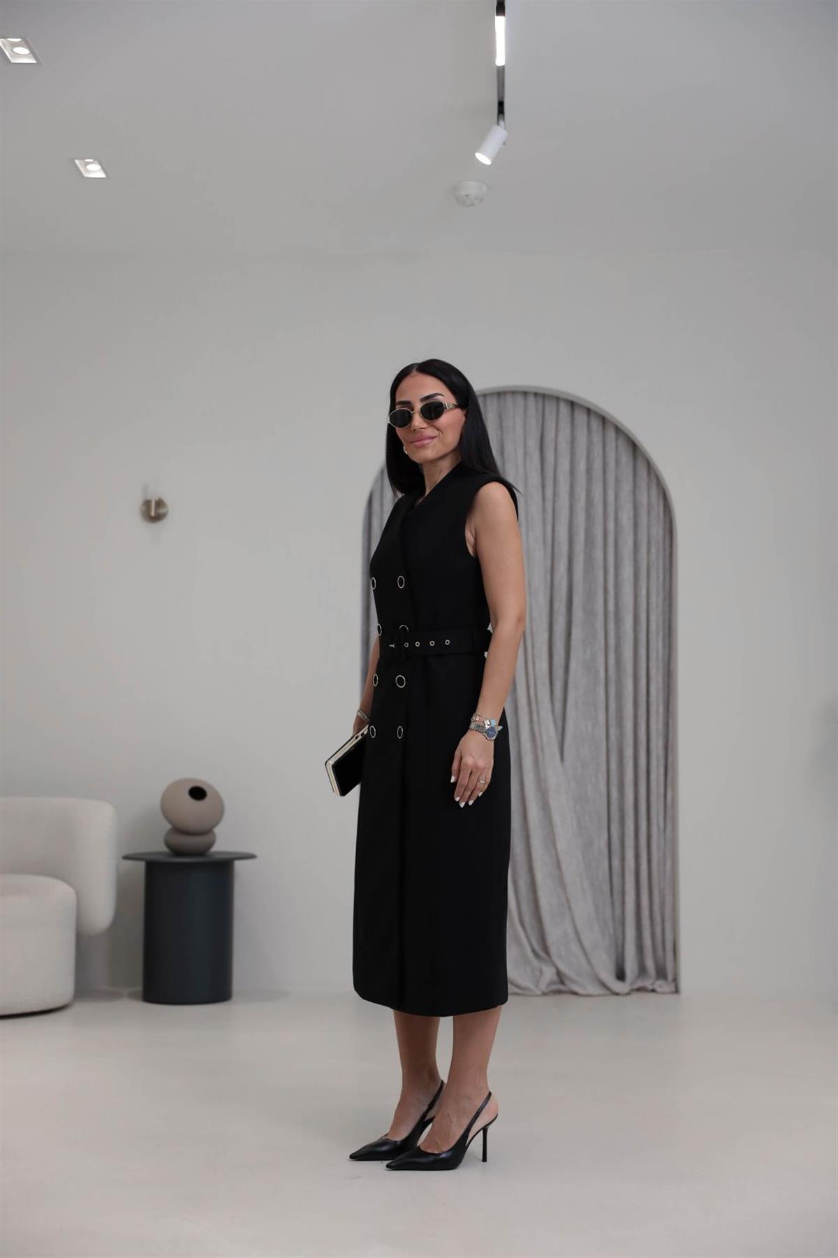 7175 Vatkalı Düğme ve Kemer Detaylı Elbise SİYAH