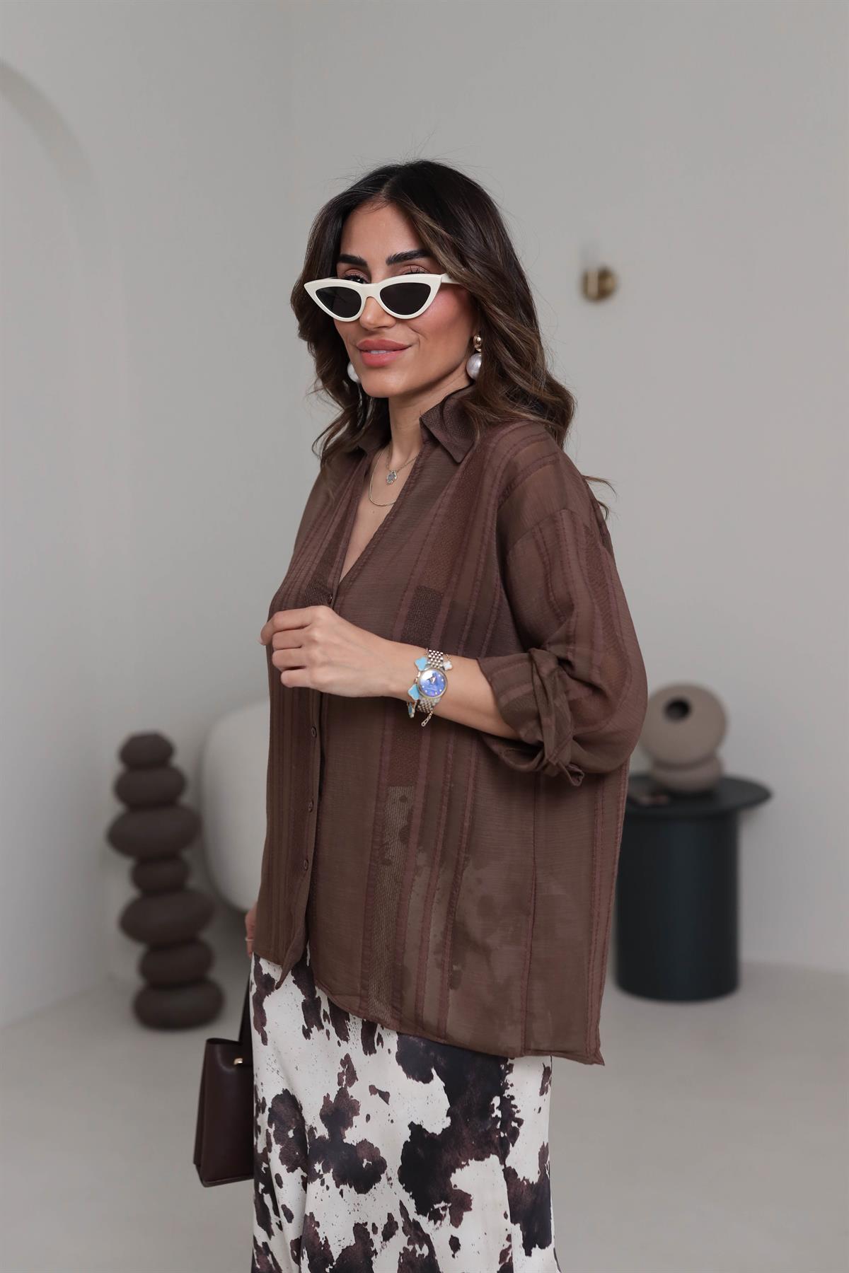 4914 Transparan Detaylı Oversize Gömlek KAHVE