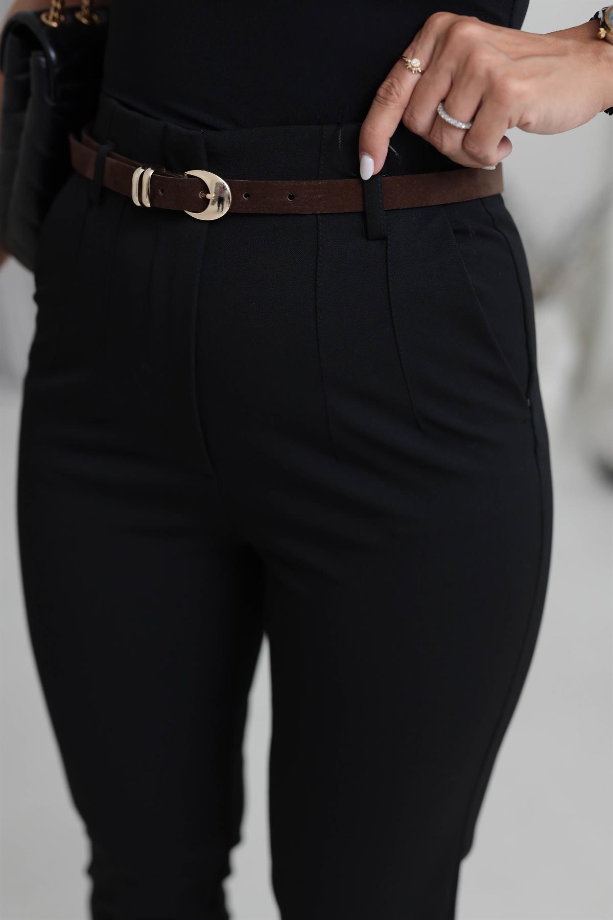 2181 Kemerli Yüksek Bel Pantolon SİYAH