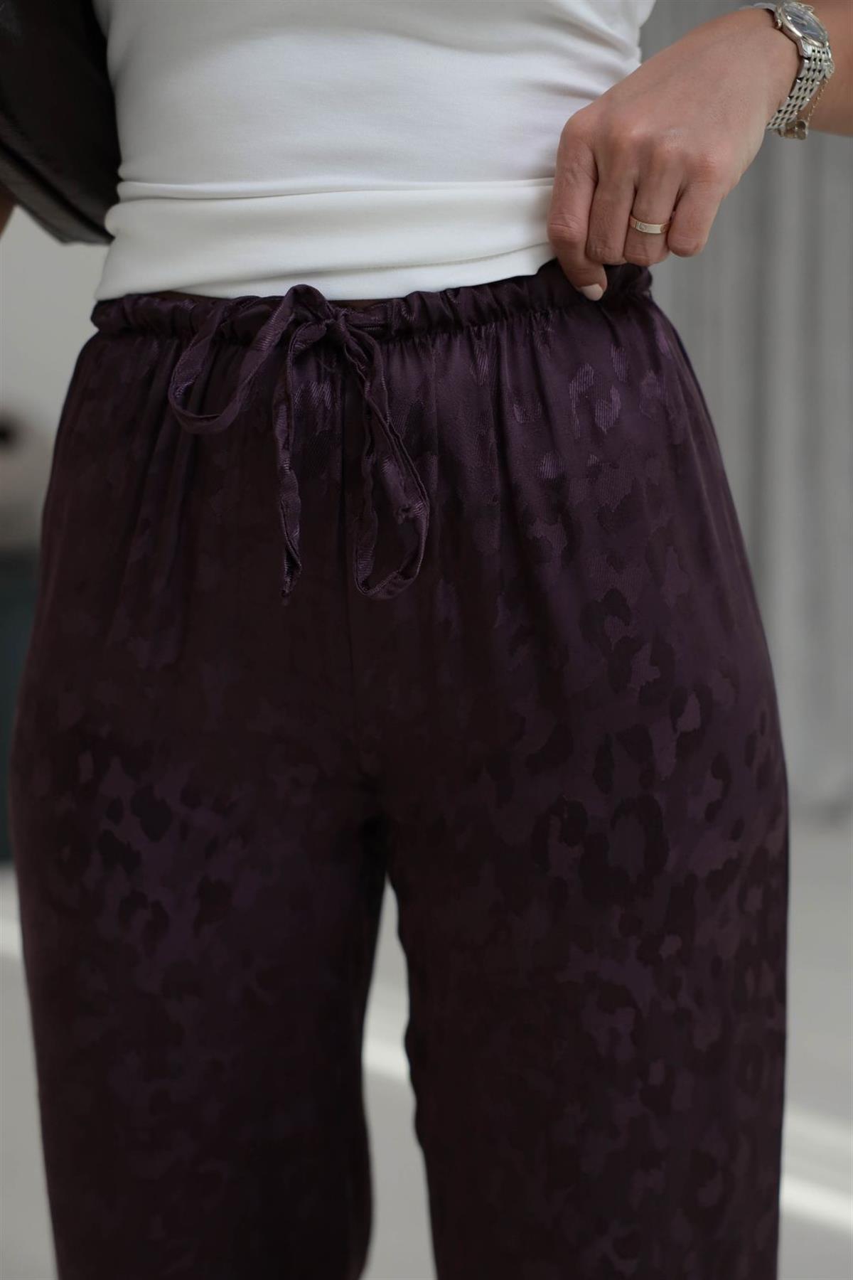 1635Y Leopar Desen Jakarlı Saten Pantolon MÜRDÜM