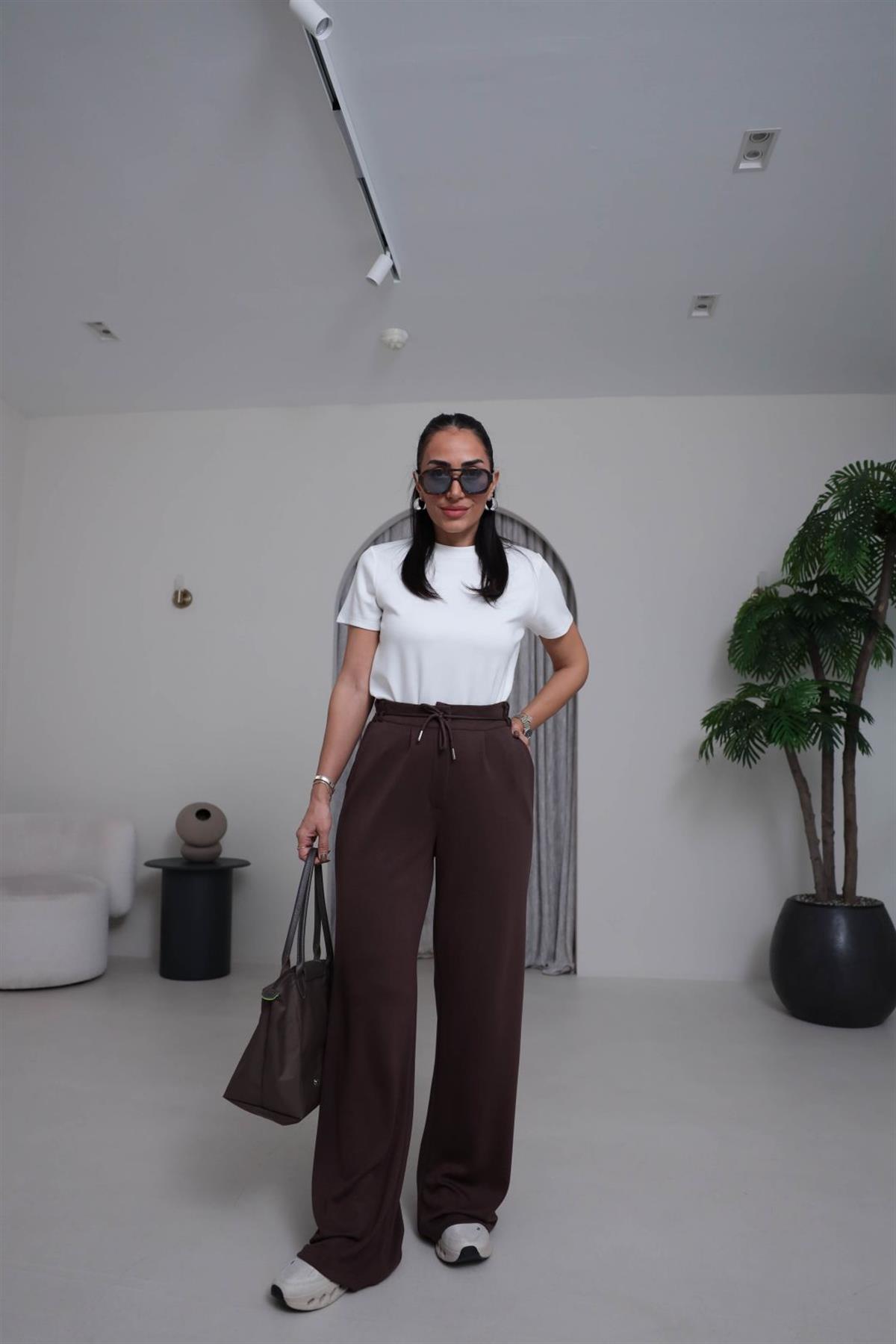 8009 Bel Lastikli İp Kemerli Oys Modal Pantolon KAHVE