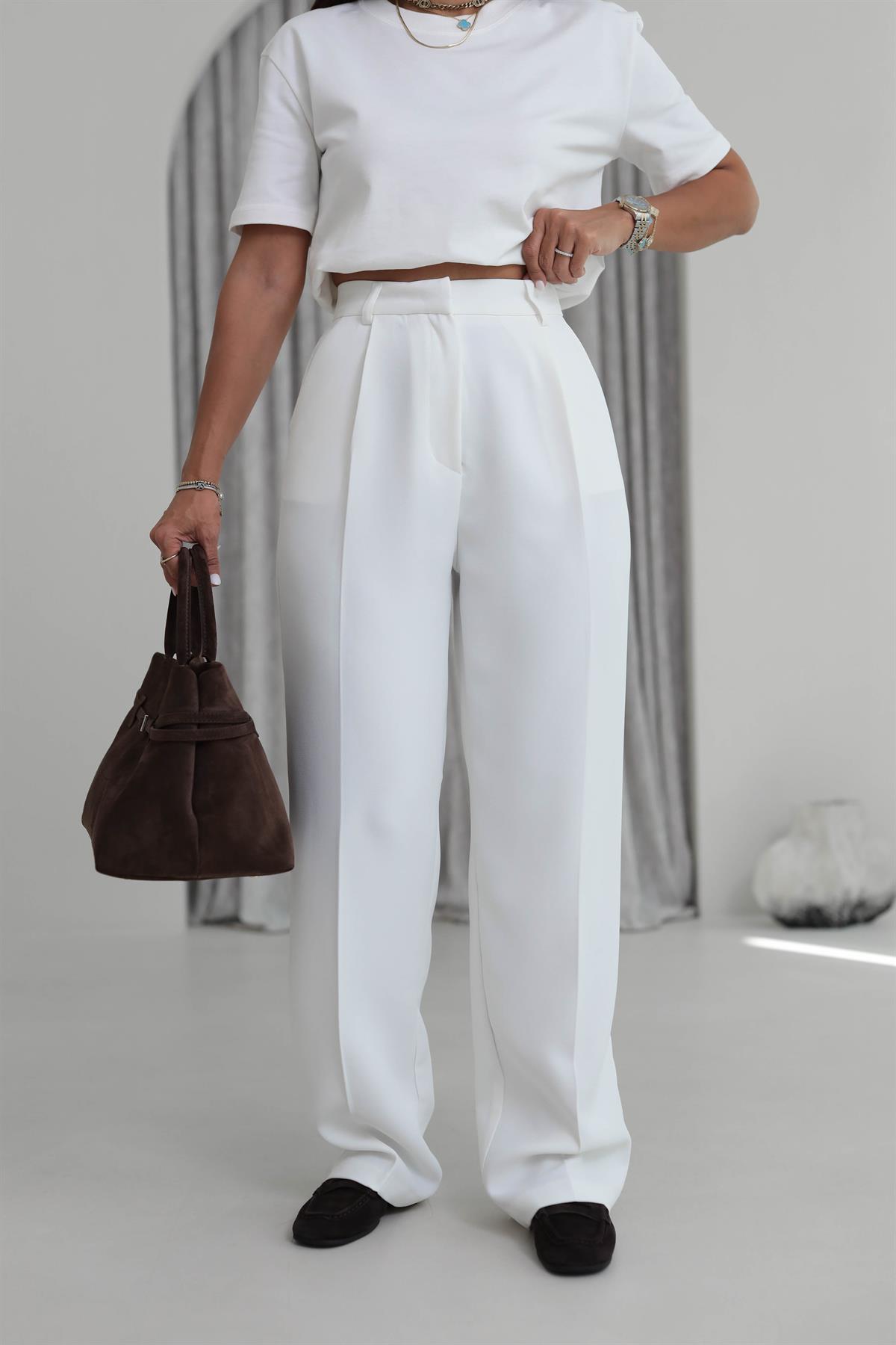 1024 Pile Detaylı Kumaş Pantolon EKRU