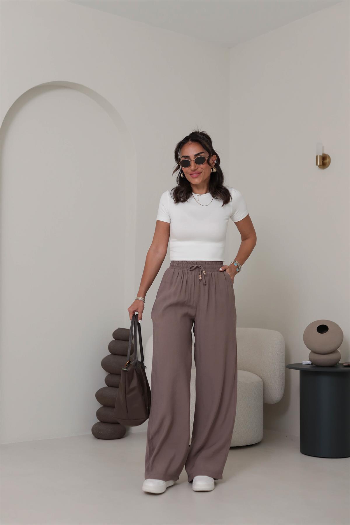 0253 Bel Lastikli Tencel Rahat Pantolon KAHVE