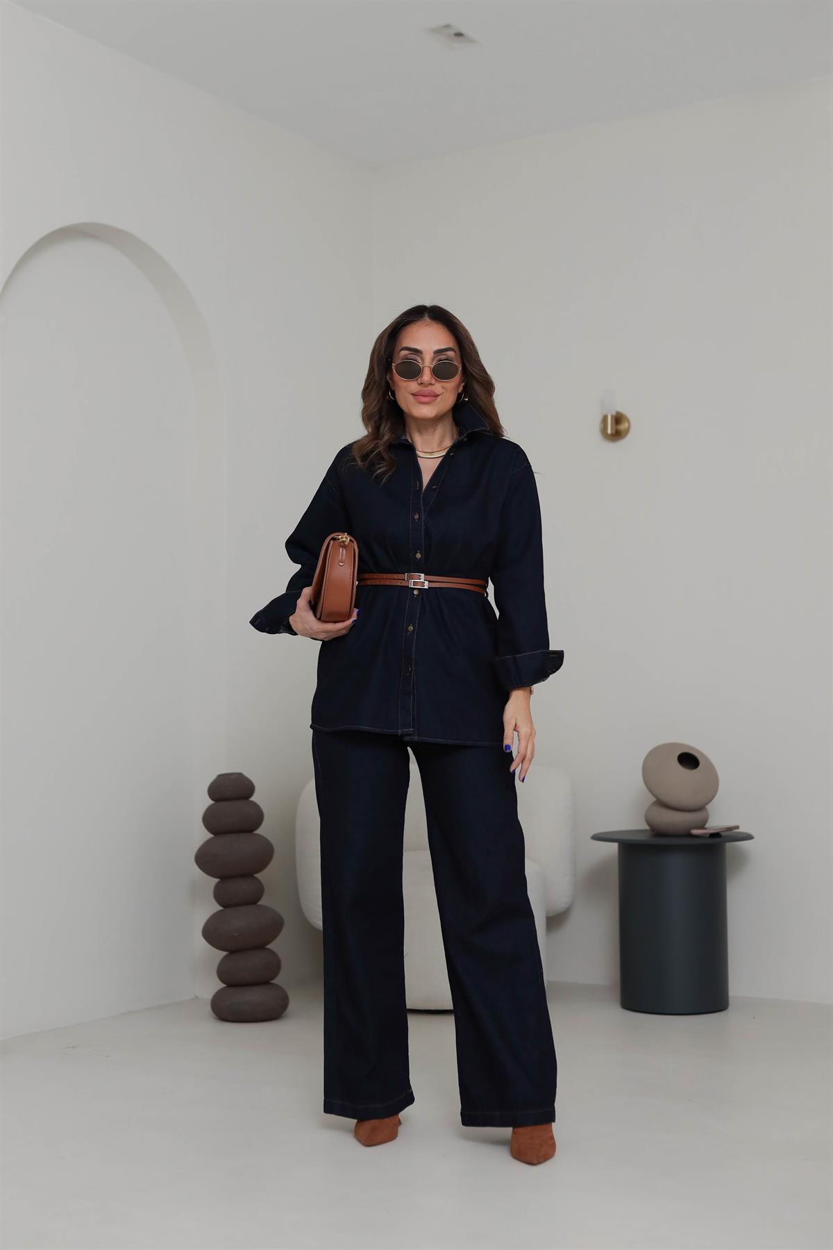 8627 Denim Kemerli Gömlek & Pantolon Takım KOYU LACİ