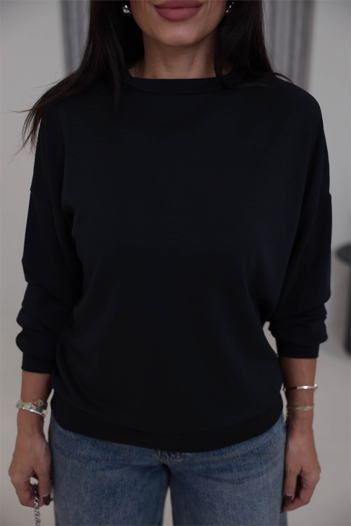 Yumuşak Modal Kumaş Sweatshirt SİYAH