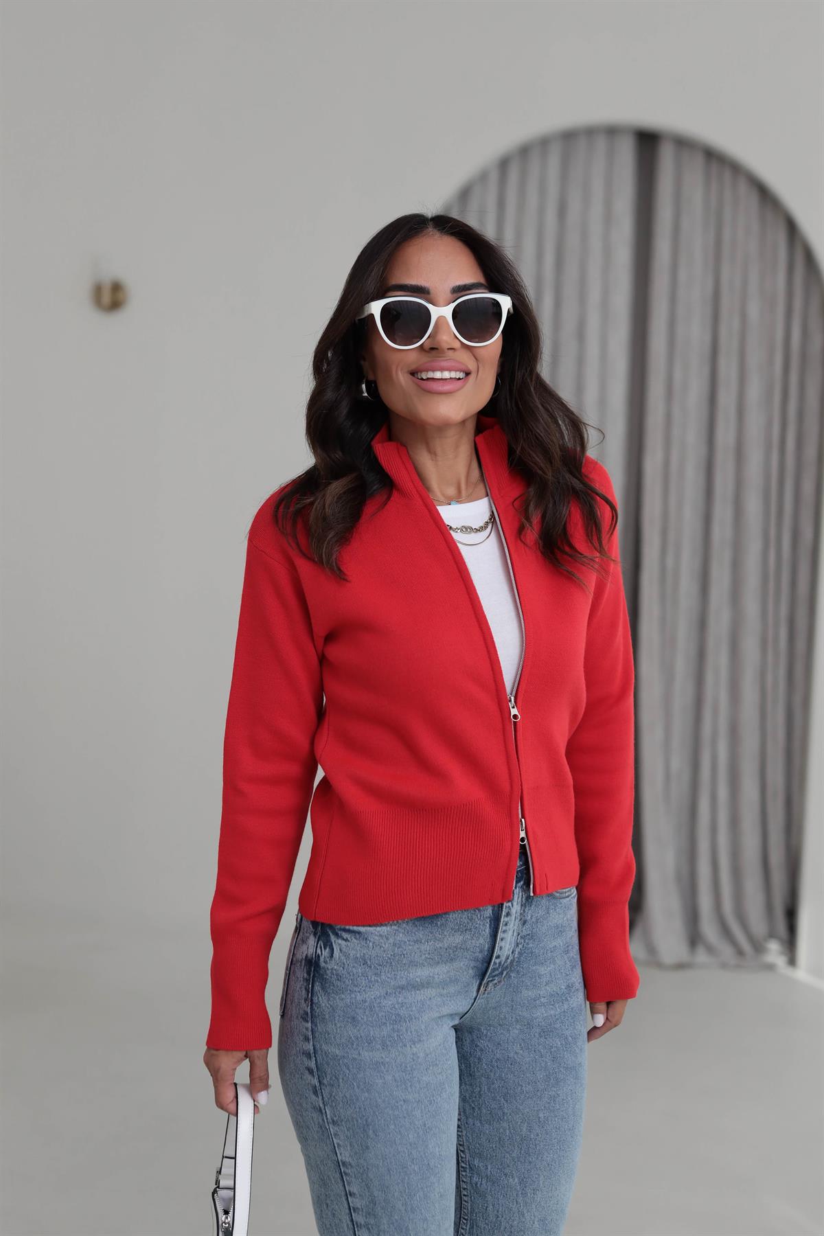 1042 Dik Yaka Çift Fermuarlı Triko Hırka KIRMIZI