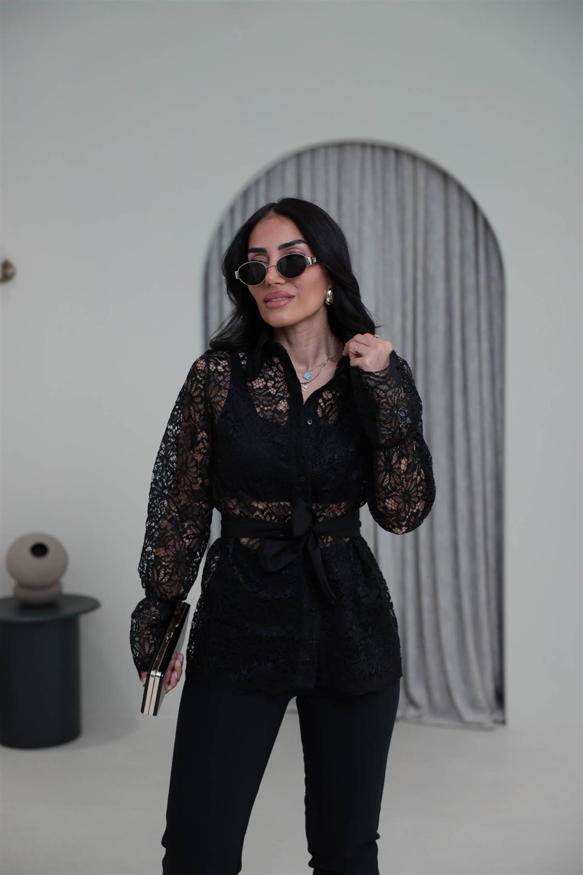 3152 Kuşaklı Dantel Gömlek SİYAH