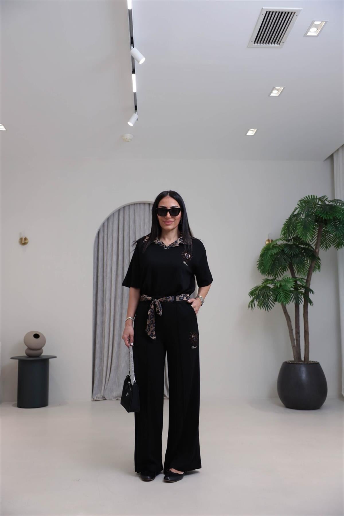 7539 Leopar Saten Yakalı Nakışlı Modal Takım SİYAH