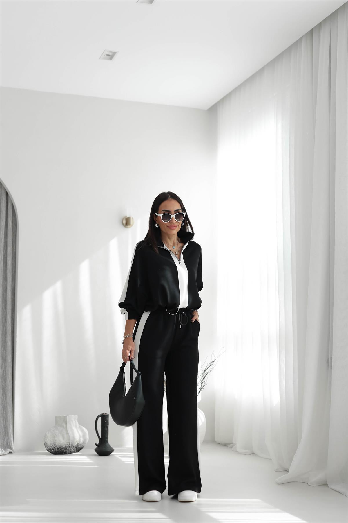 5704 Şerit Detaylı Modal Takım SİYAH