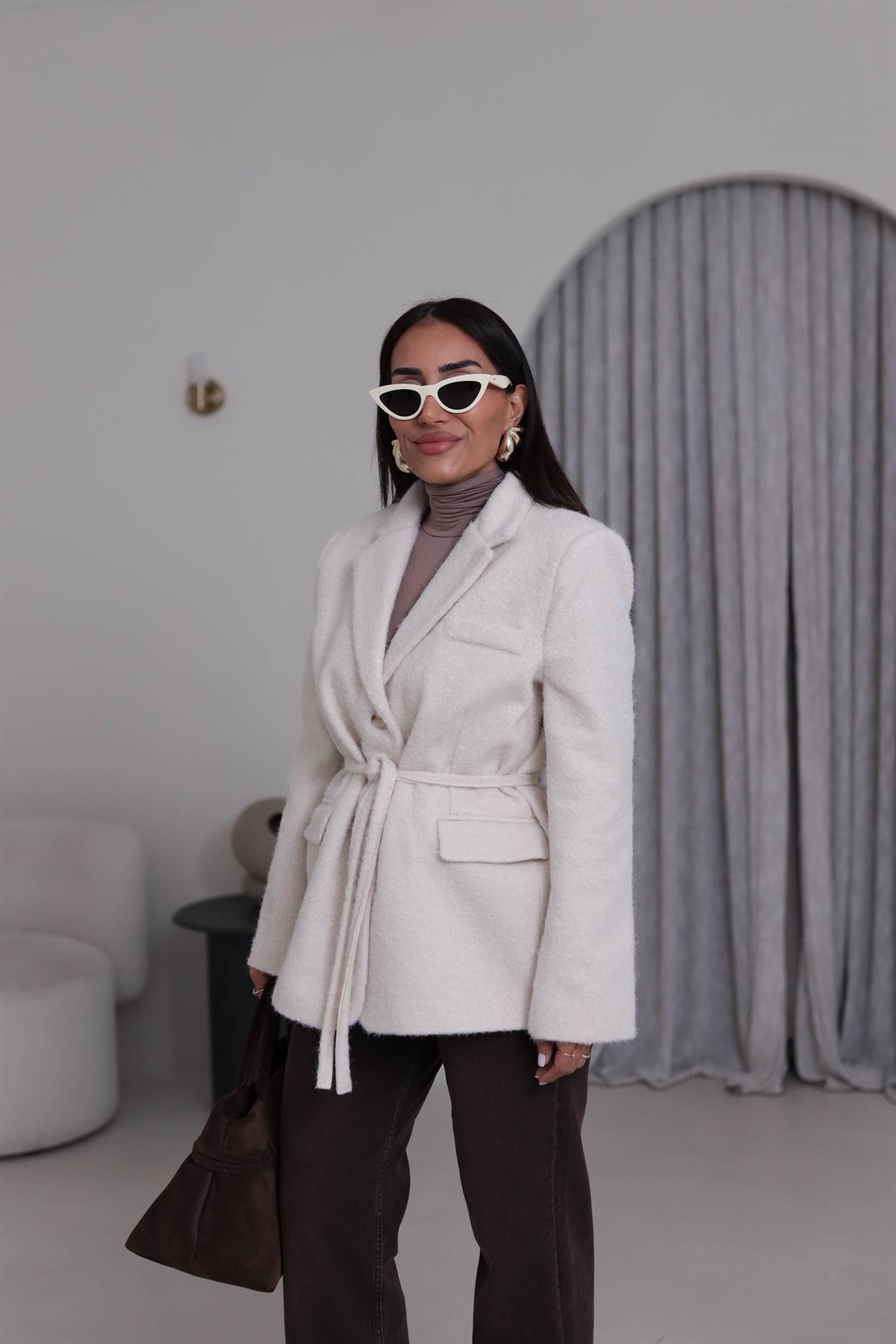 7368 Kuşak Detaylı Blazer Kaşe Ceket EKRU