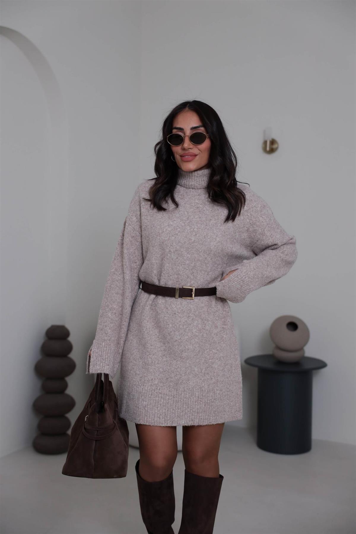 90265 Balıkçı Yaka Yumoş Triko Elbise VİZON