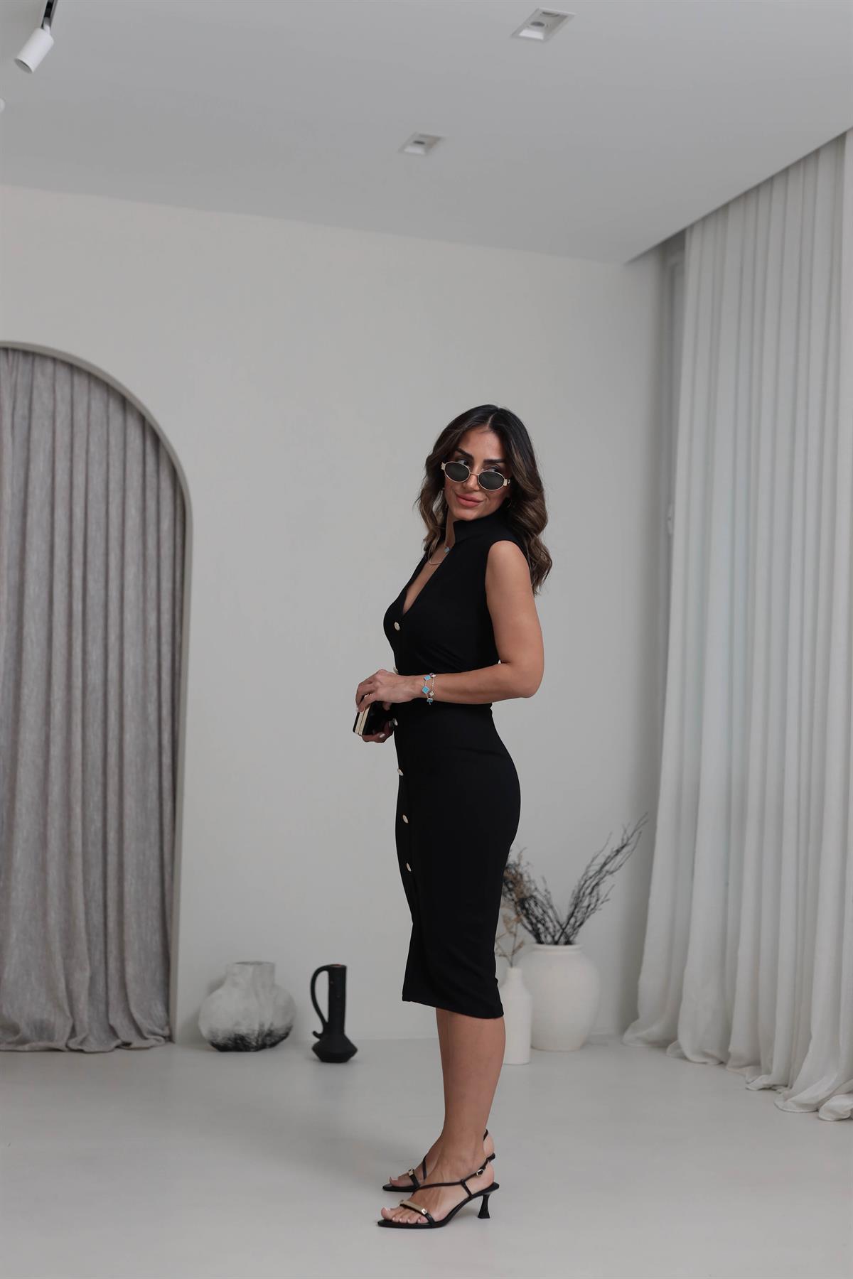 6792 Polo Yaka Gold Düğmeli Drapeli Çelik Örme Elbise SİYAH