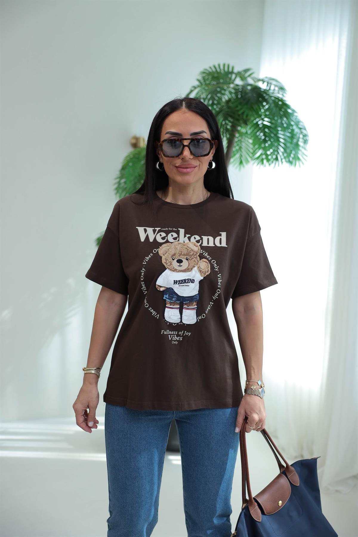 7514 Bisiklet Yaka Teddy Aplikeli Tshirt KAHVE