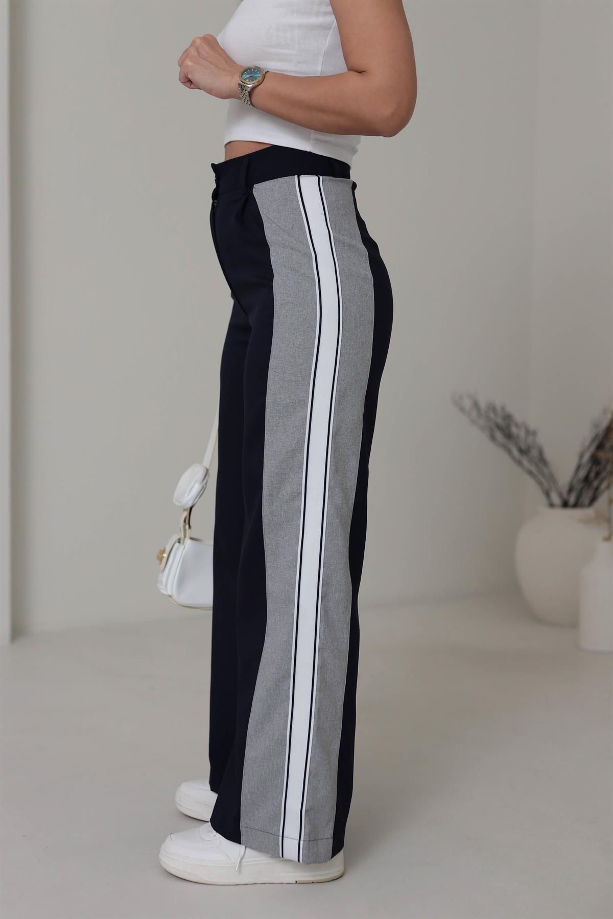 2000 Yanları Şerit Garnili Pantolon LACİVERT