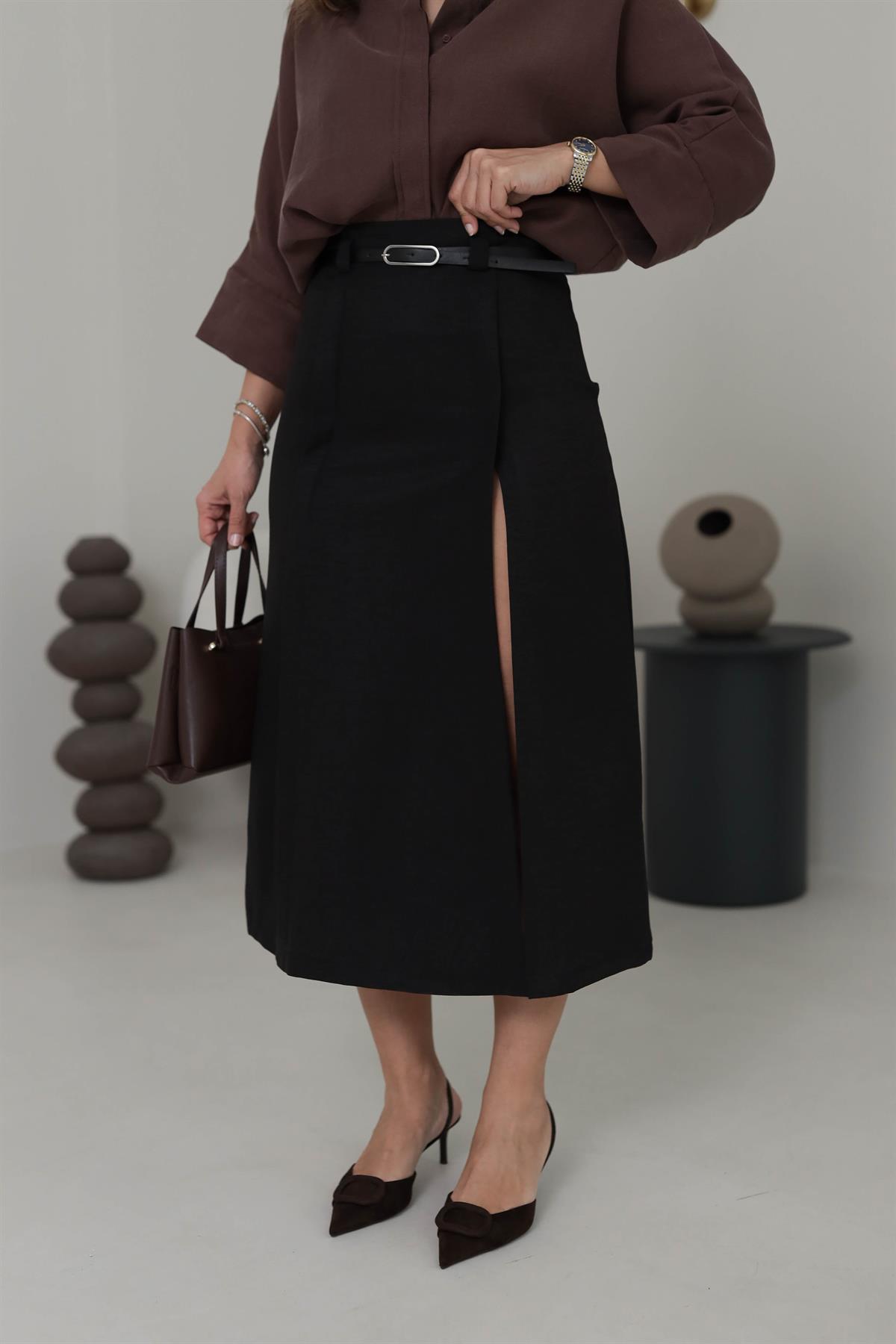 0268 Yırtmaç Detaylı Kemerli Midi Boy Etek SİYAH