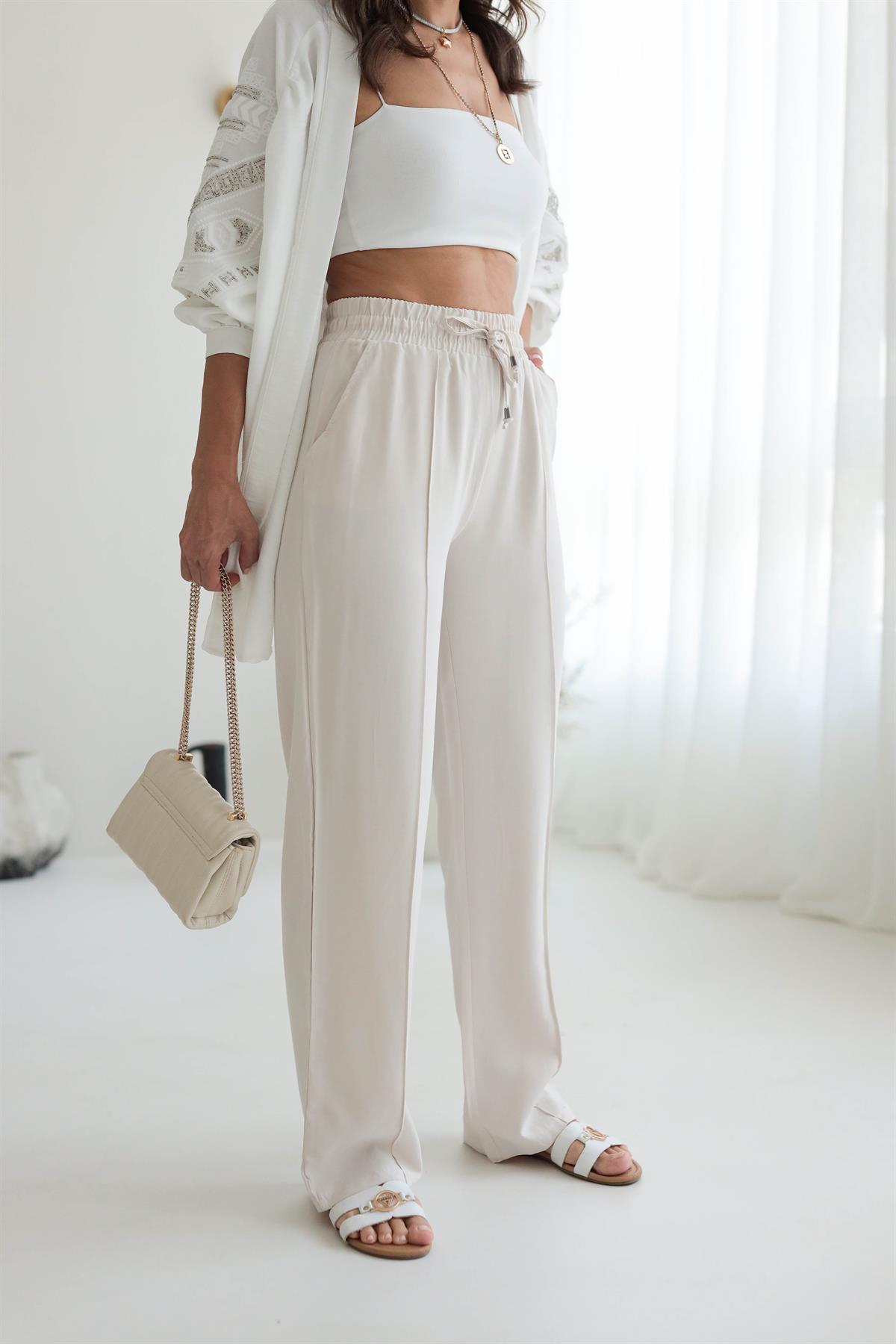 Tencel Kumaş Bel Lastikli Önü Çimalı Pantolon